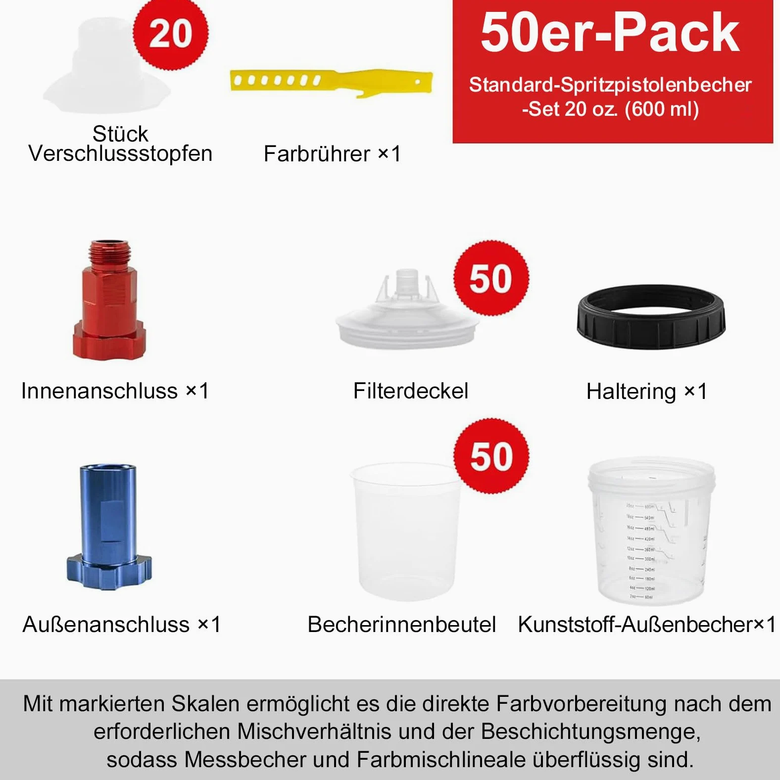 RRJ Juego de 50 vasos y tapas para pistolas de pintura desechables de 600 ml, sistema de pintura para pistolas de pintura HVLP y LVLP, 1 vaso duro con anillo de soporte y 20 tapones de cierre, 2