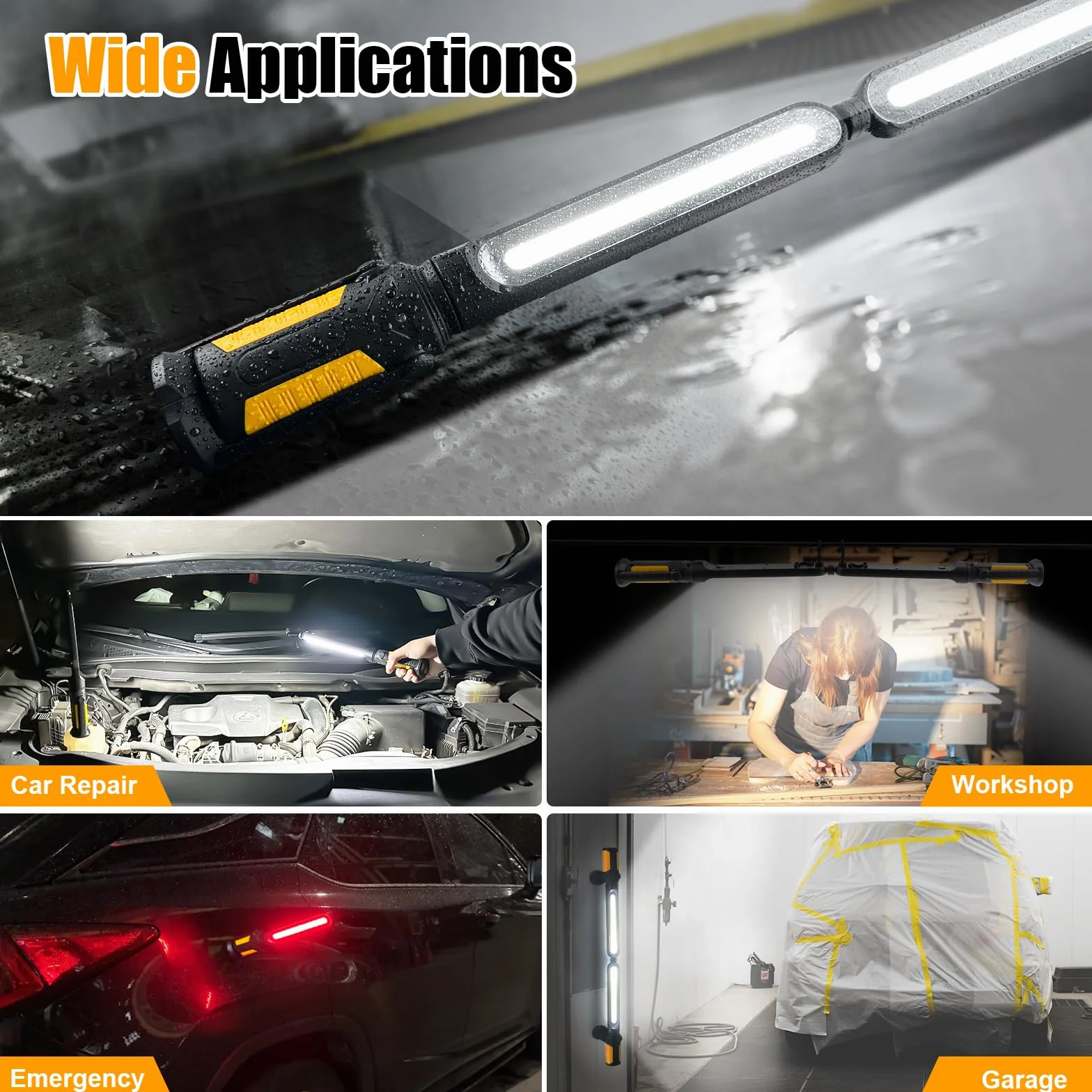 SYLSTAR Linterna Taller con Control por Sensor, 2400LM Linterna Mecanico Recargable con 3 Niveles de Brillo, 4400mAh Batería, Gancho y Base Magnética para Taller Reparación de Autos Emergencia