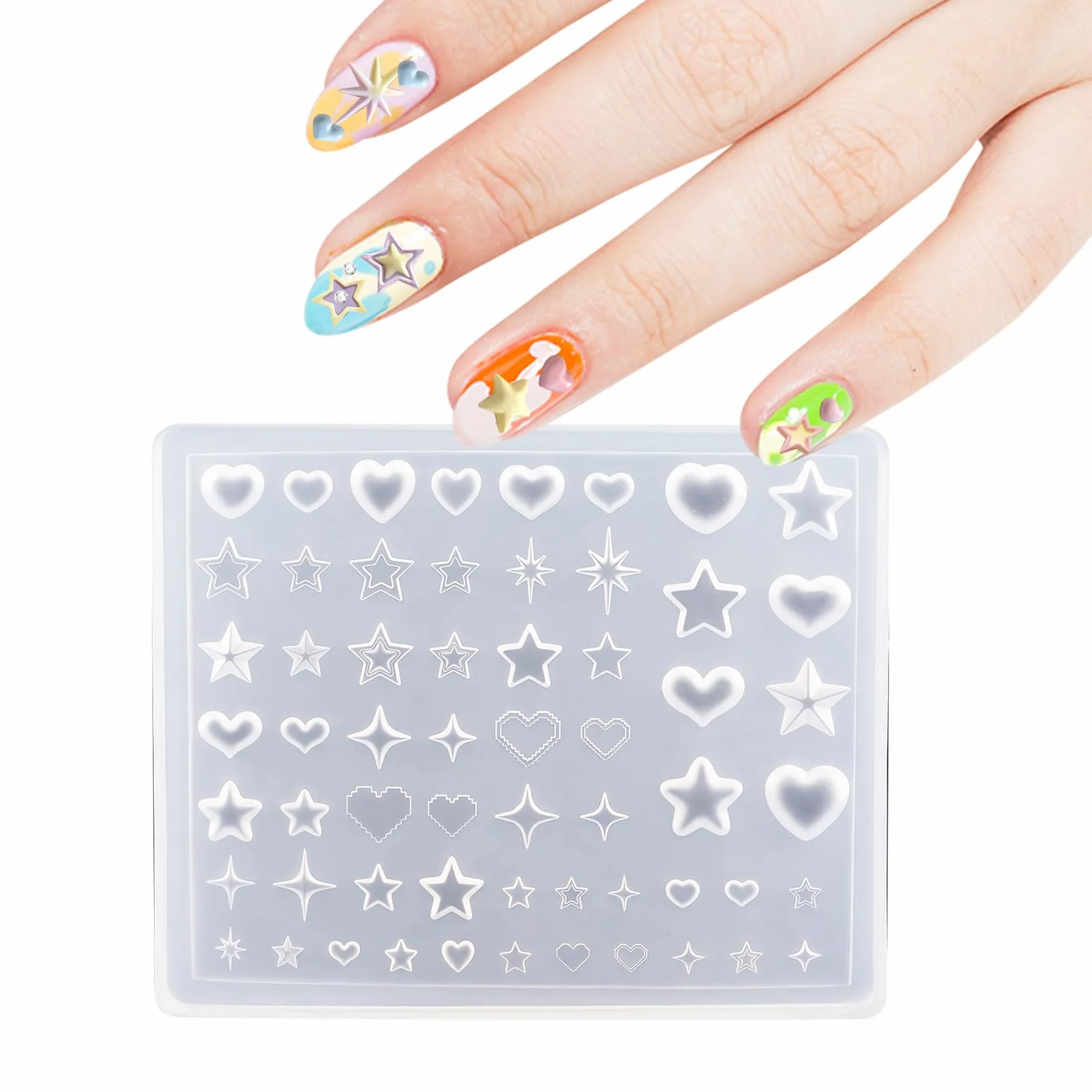 Plantillas de Uñas Y2k Corazón Estrellas Starburst, Molde de Silicona Arte Uñas Francesas