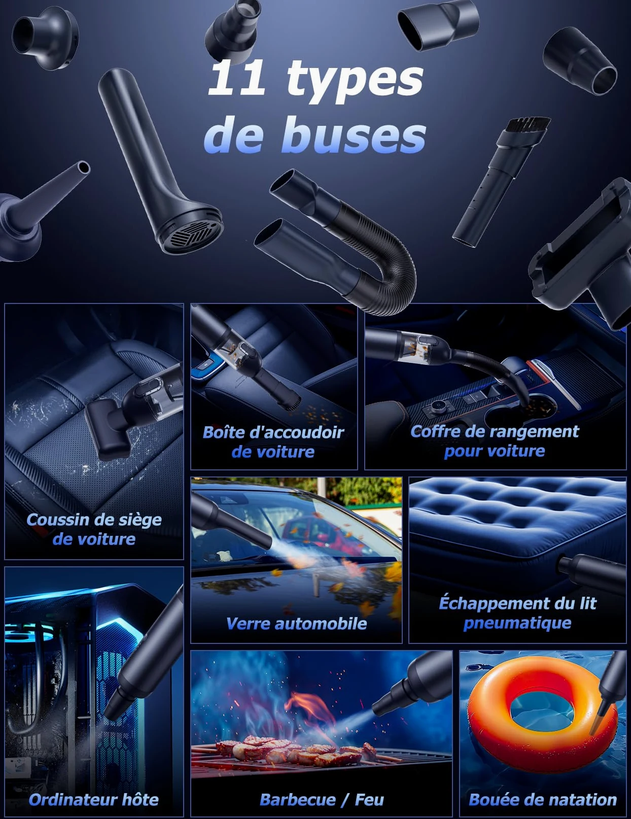 Aspirador de Mano, 16000PA Aspiradora de Mano 9 en 1 con Motor sin Escobillas, Aspirador sin Cable con 2 Niveles de Succión, Aspirador de Mano Potente para PC,Casa,Rincones,Oficina,Pelo de Mascota