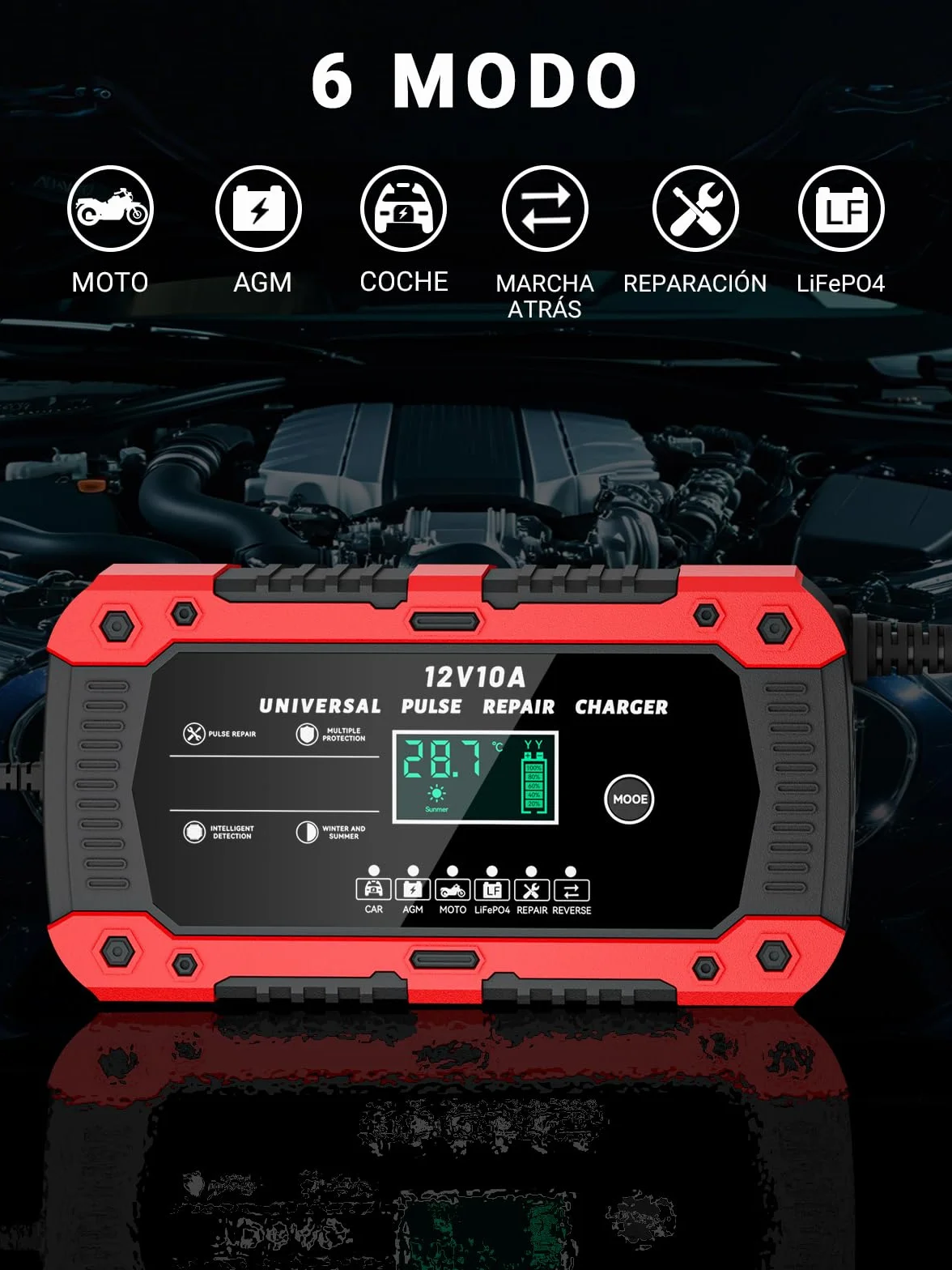 Cargador de Batería de Coche 12V 10A Cargador Baterias Coche y Moto con Pantalla Táctil LCD Inteligente y Múltiples Protecciones Cargador de Batería para Auto Moto Camión AGM, Gel, SLA