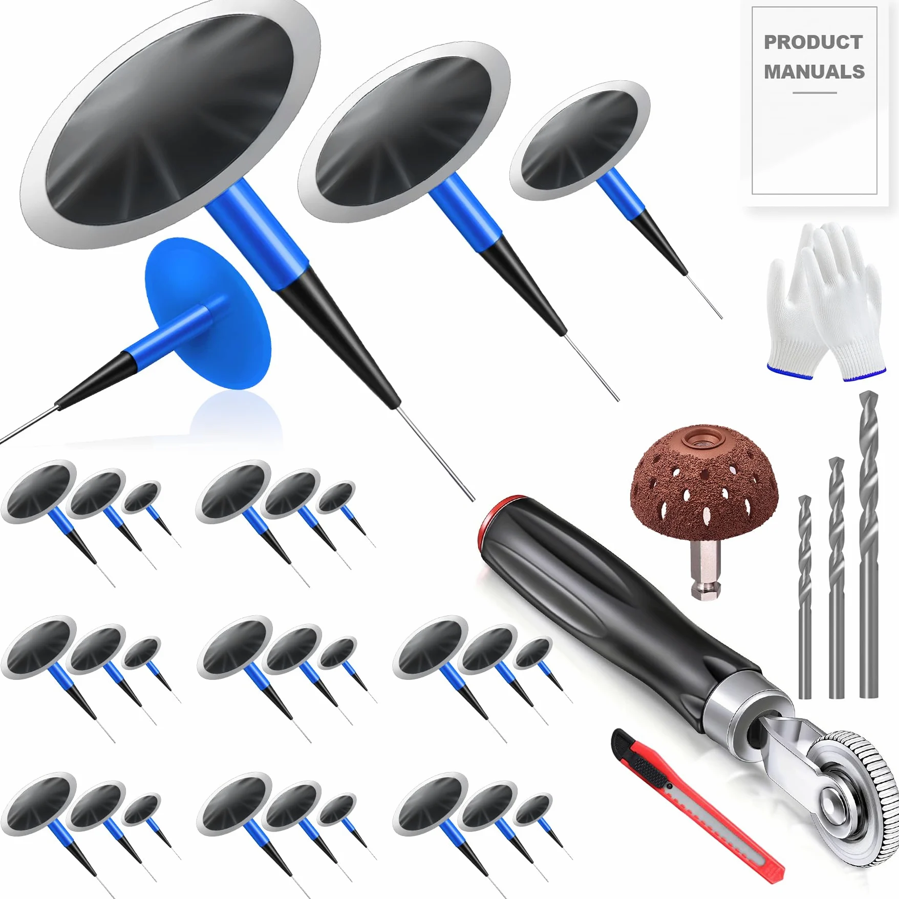 El kit de herramientas de reparación de neumáticos incluye 24 tapones de parche de neumáticos (1.4 pulgadas y 1.8 pulgadas y 2.4 pulgadas), rodillo de parche de neumáticos, rueda de pulido
