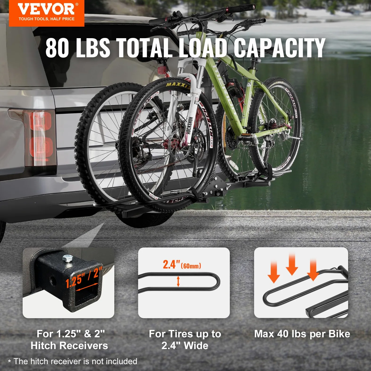 VEVOR Portabicicletas para 2 Bicicletas Portaequipajes con Enganche Capacidad de Carga Máxima de 36 kg Compatible con Receptores de 30/51 mm para Coches SUV Autocaravana Camión Viajes Desplazamientos