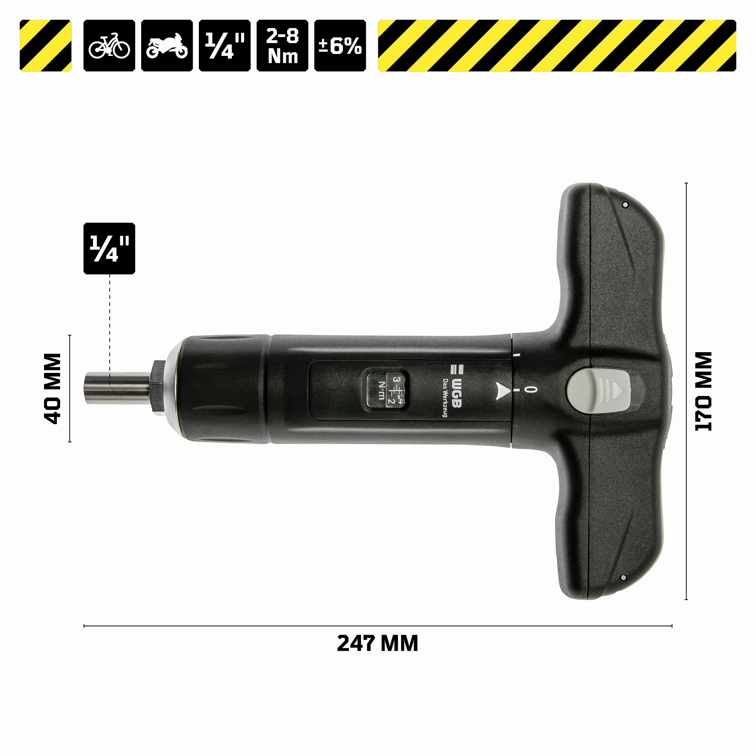 WGB Das Werkzeug Destornillador de par con 12 puntas en mango en T para bicicleta | Llave dinamométrica de 1/4" con cruz, ranura y juego de puntas TX