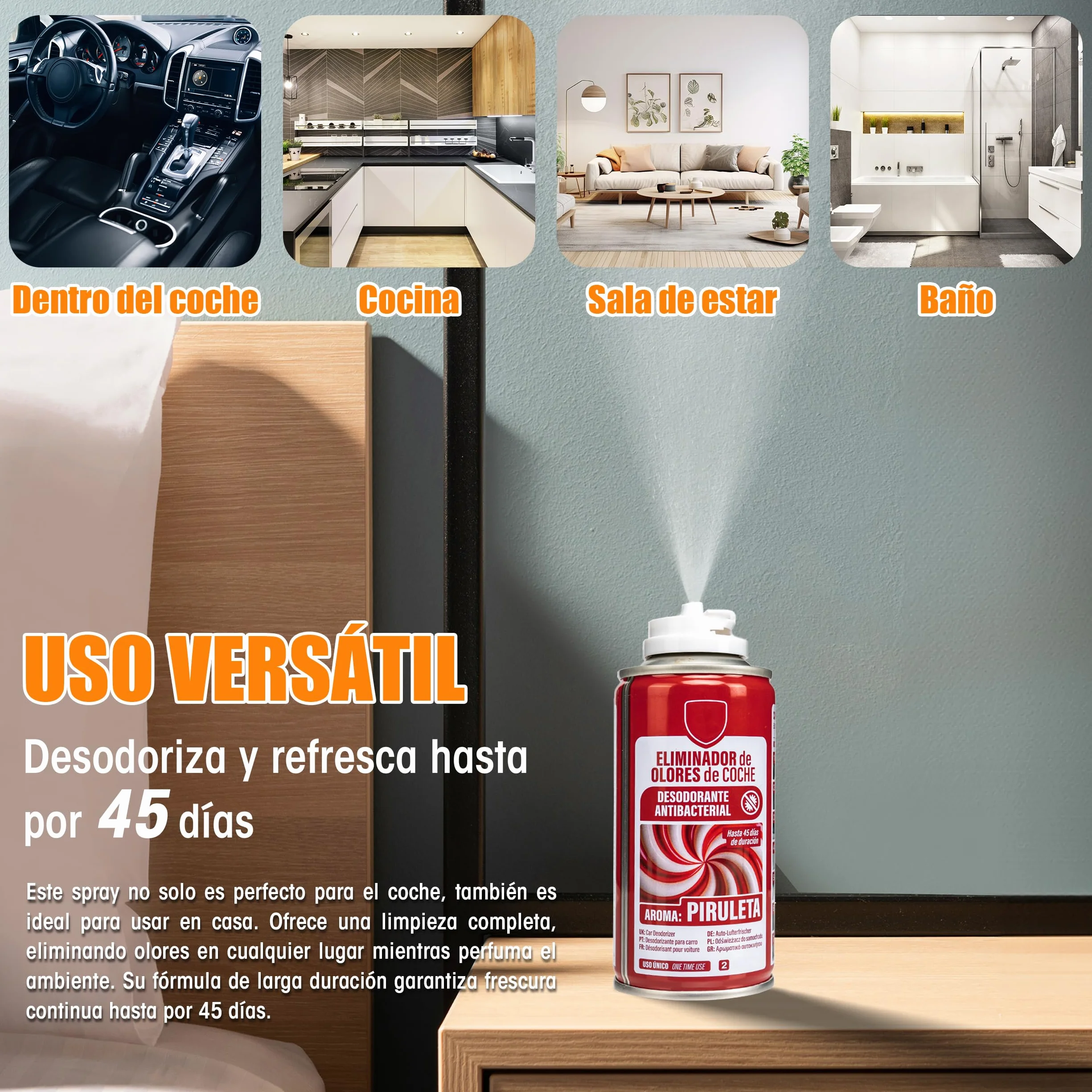 BESCH Eliminador de Olores para Coche de Descarga Única 150ml- Ambientadores de Automóvil Absorbe los Malos Olores -Olor de Piruleta