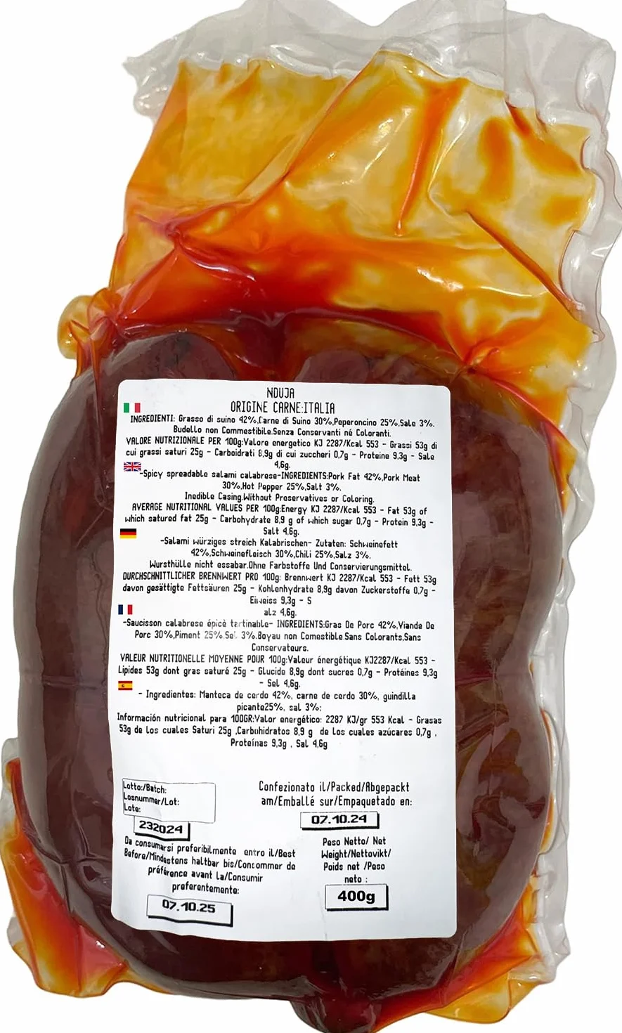 Nduja Di Spilinga Reserva Premium de Cerdo Negro De Luca 100% Italiano 400g