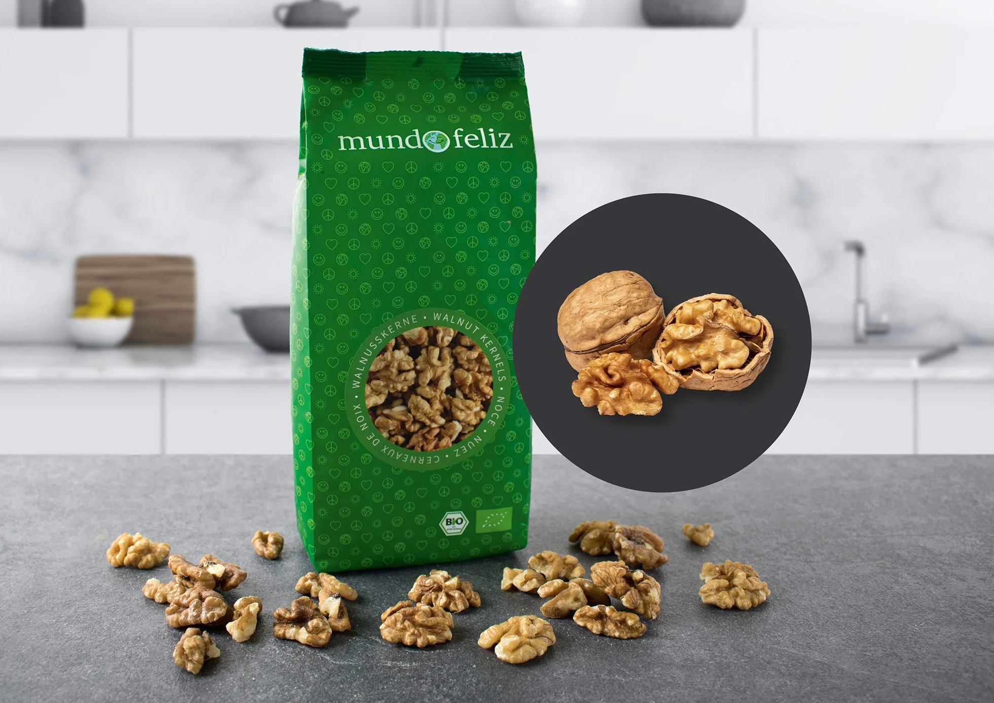 Nueces orgánicas partidas por la mitad, 3 bolsas de 300 g