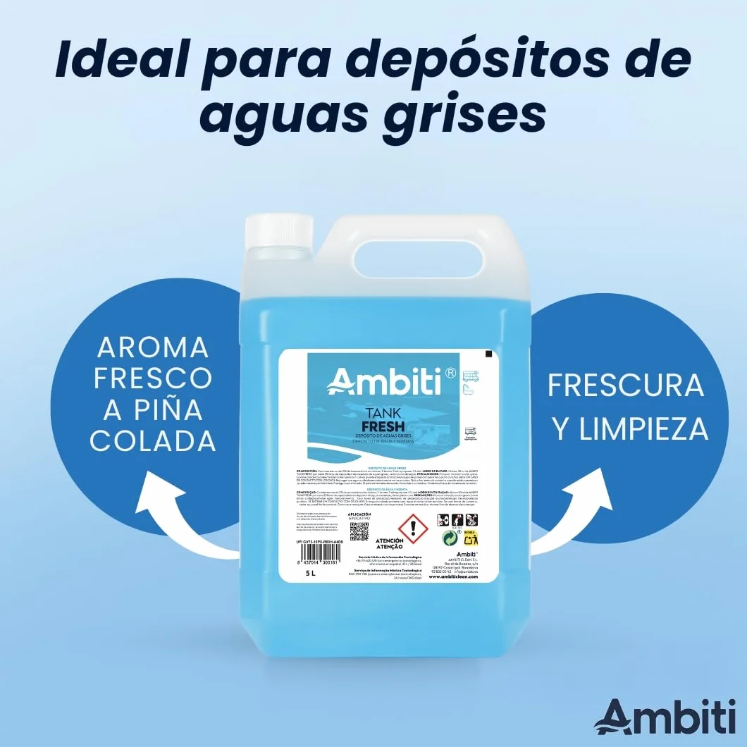 Ambiti | Tank Fresh | Aditivo para Depósito Aguas Grises | Elimina Olores y Sedimentos en Duchas, Fregaderos y Desagües de Autocaravanas y Campers | Fragancia Piña Colada (5L)