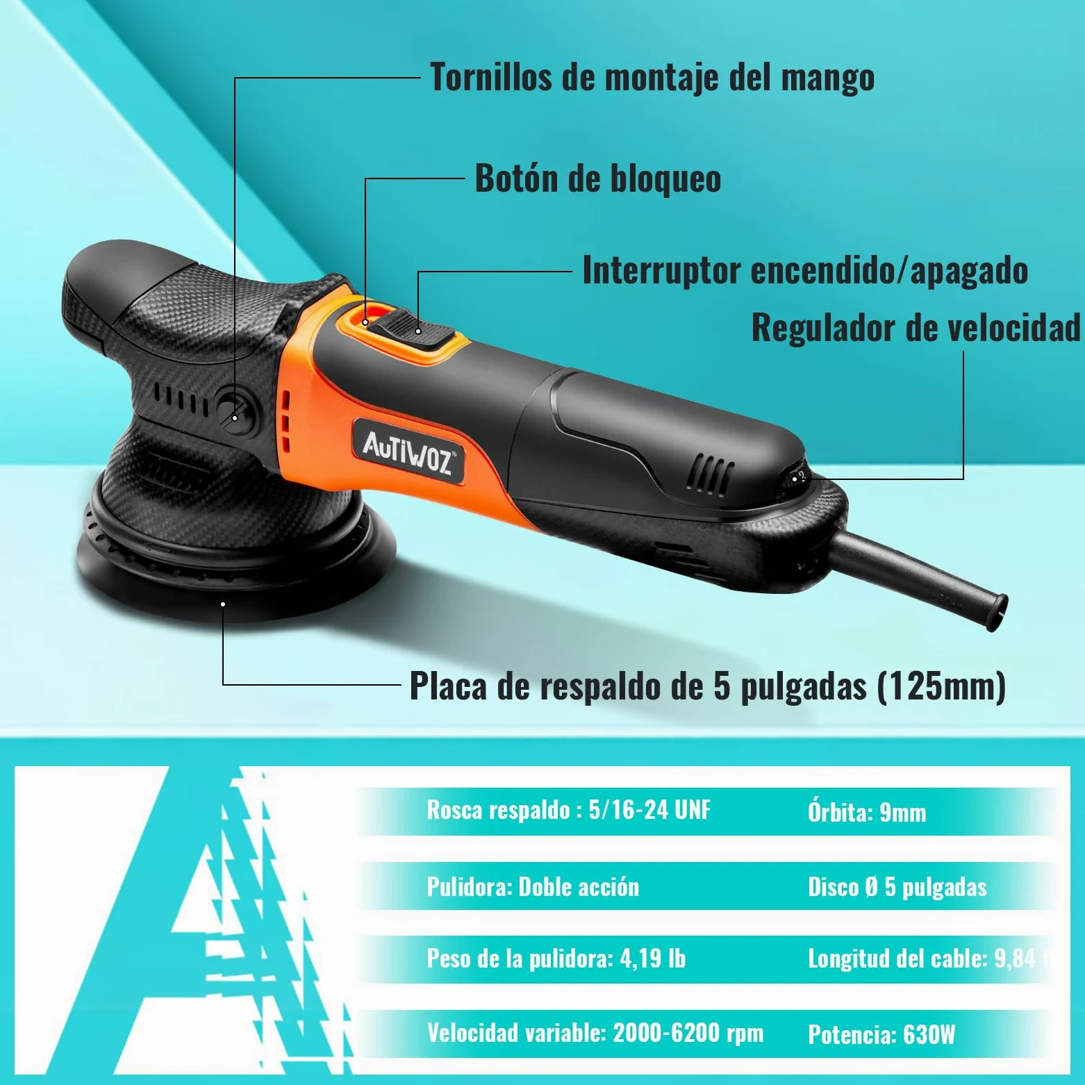 AUTIWOZ 630W Pulidora Orbital 125mm 9mm 6 Velocidades Variables 2000-6200 rpm para Detallado Automotriz