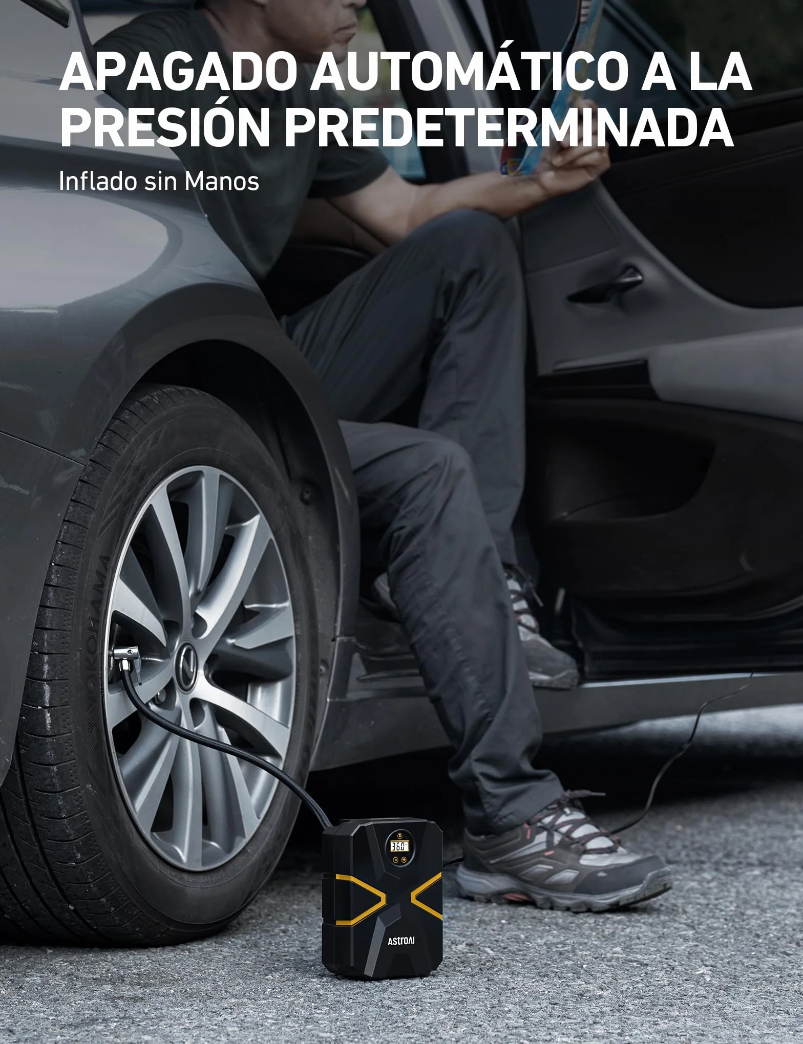 AstroAI Inflador Ruedas Coche Digital 12V, Compresor Aire Portátil 150 PSI, Hinchador Neumáticos Eléctrico Multiuso con Pantalla LCD y Luz LED Apagado Automático para Coche, Bicicleta, Moto y Etc.