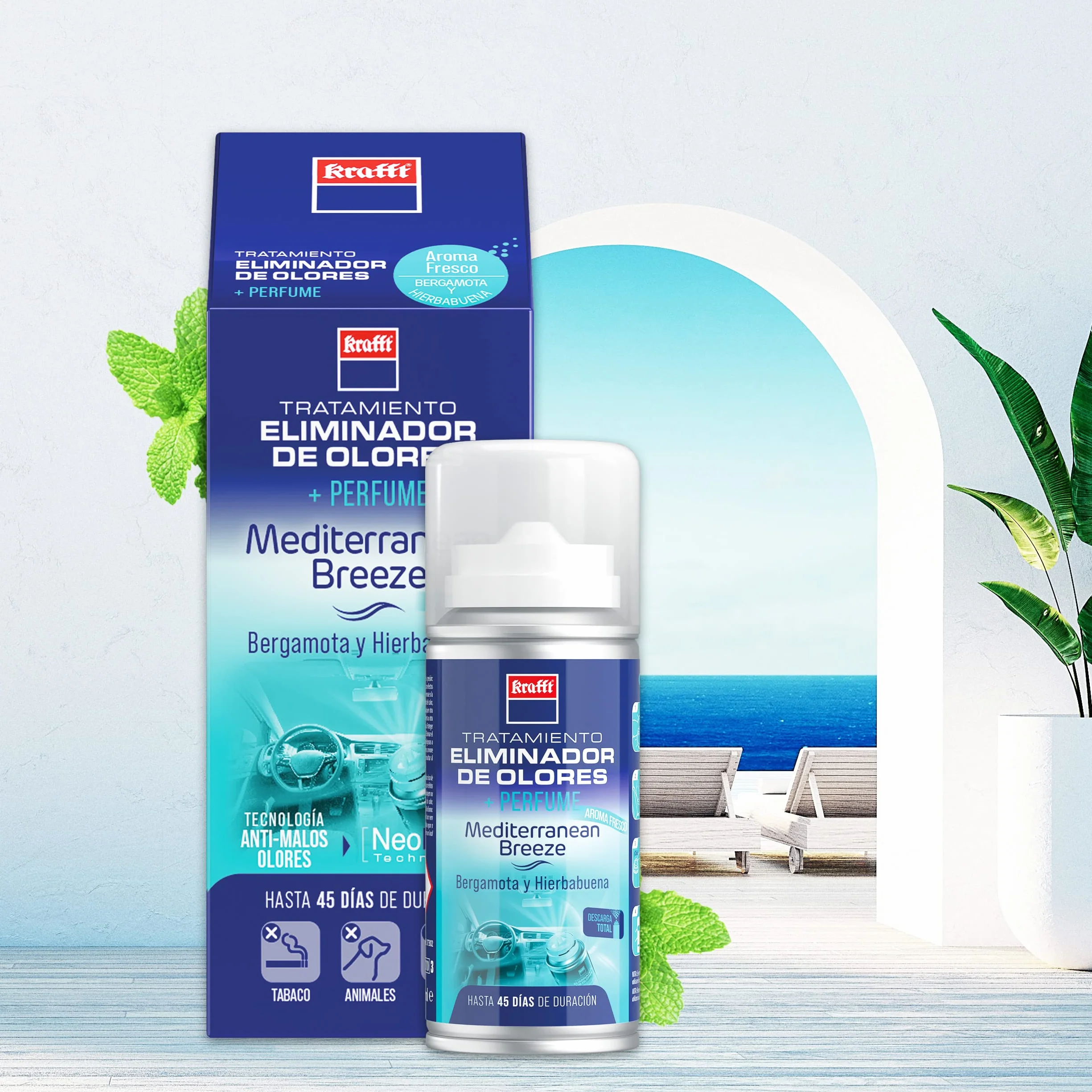Krafft Ambientador Profesional – Eliminador de Olores de Vehículo – Duración hasta 45 Días – Tecnología Neo Pure de Doble Acción – Neutraliza Olores de Humedad, Tabaco y Mascotas – 150 ml
