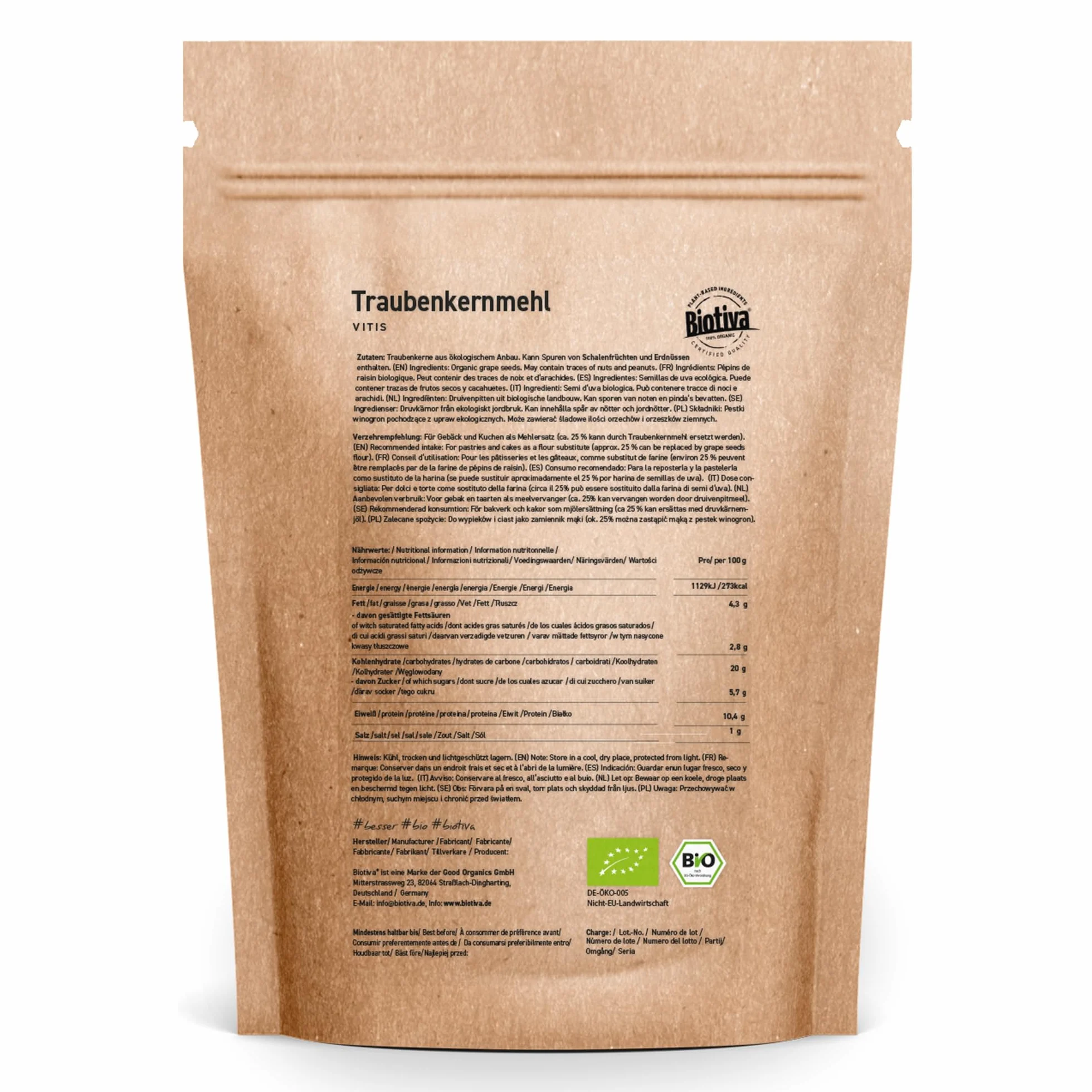 Biotiva Harina de semillas de uva orgánica 1kg sin gluten sin soja sin lactosa