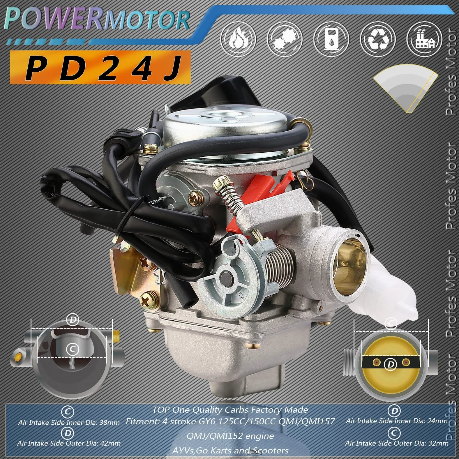 PD24J Carburador para 4 tiempos GY6 125cc 150cc ATV Go Karts Scooter Ciclomotores QMJ/QMI157 QMJ/QMI152 - Diámetro de admisión del colector 24 mm PD24J Carb