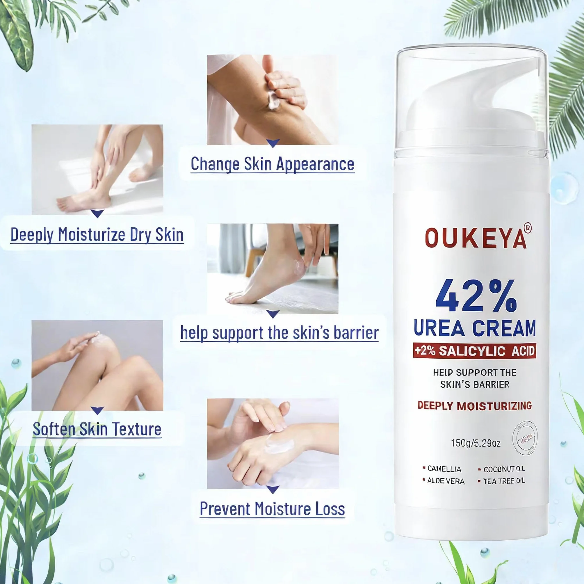 OUKEYA Crema Urea 42% con Ácido Salicílico 2% Tratamiento Intensivo para Piel Agrietada Talones y Codos Elimina Callos Antifisuras