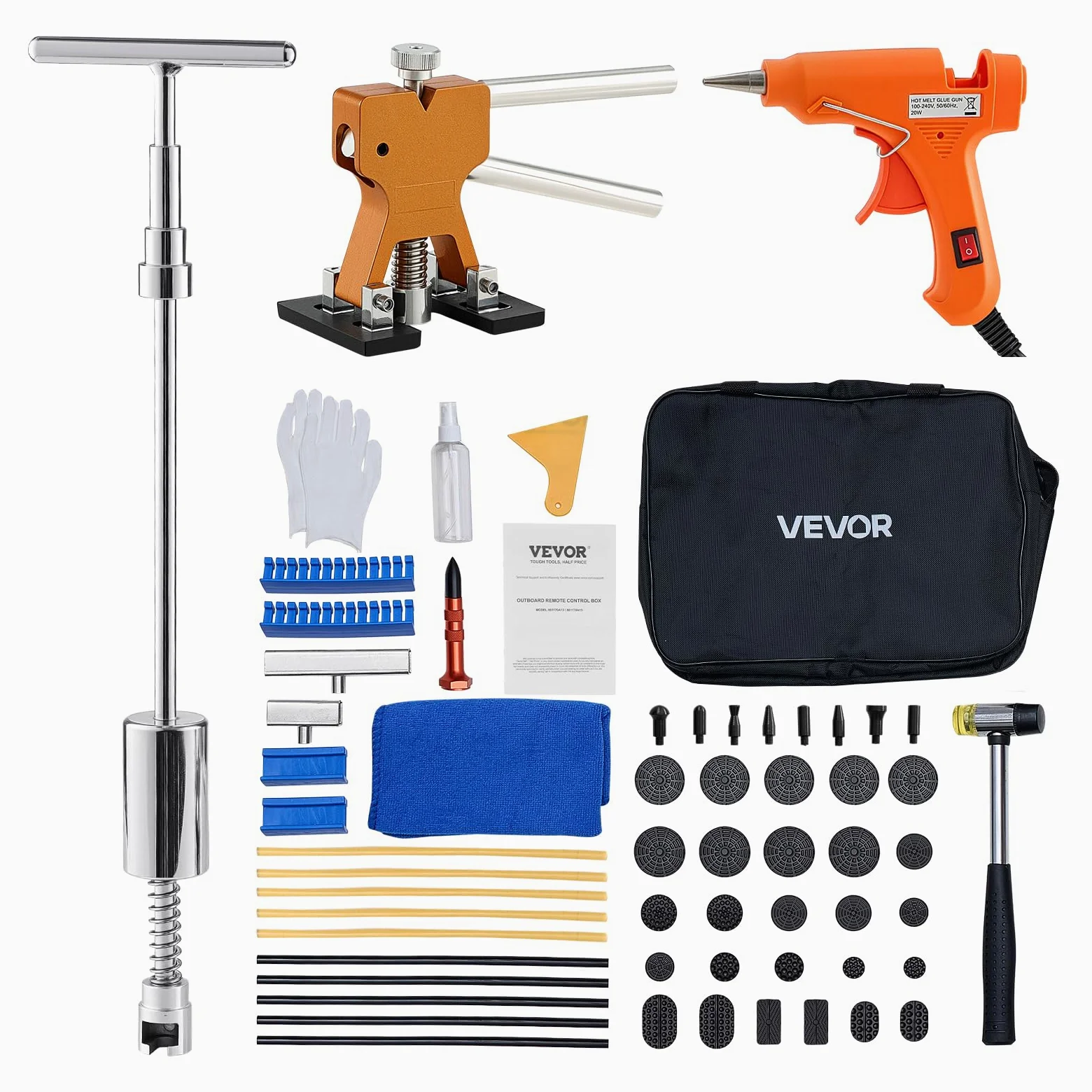 VEVOR Juego de Extractores de Abolladuras, sin Pintura, con Elevador Dorado, Martillo Deslizante, Barra T, Pistola de Pegamento y Herramientas a Eliminar Daños por Granizo en Carrocerías, 61 uds