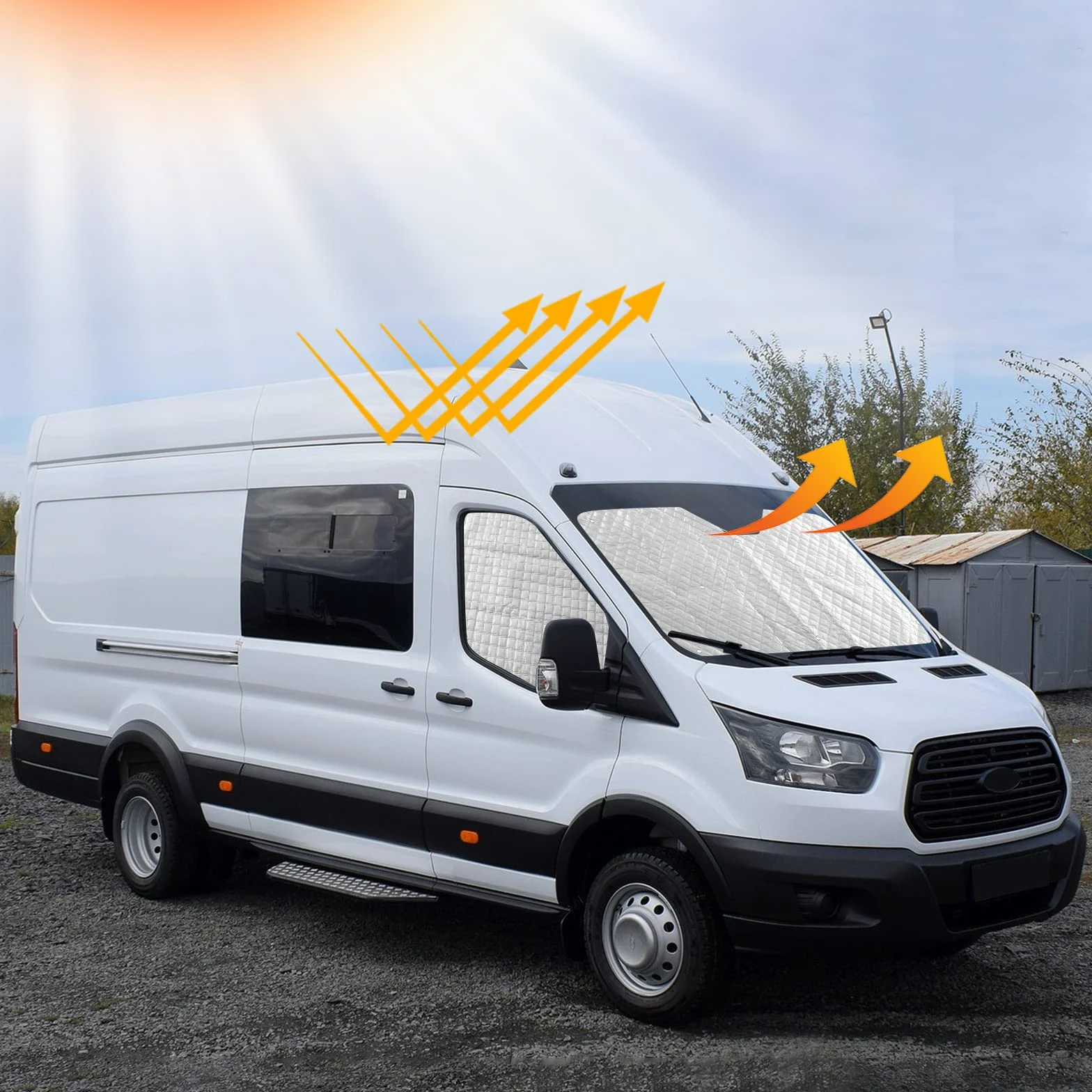 Parasol para Parabrisas Reemplazo para Ford Transit Van MK8, 3 Piezas Protector de Parabrisas, Juego de Parasol Térmico Interno con Bolsa de Almacenamiento, 100% Oclusión | Juego de 3 protectores térmicos opacos para parabrisas con bolsa de almacenamiento