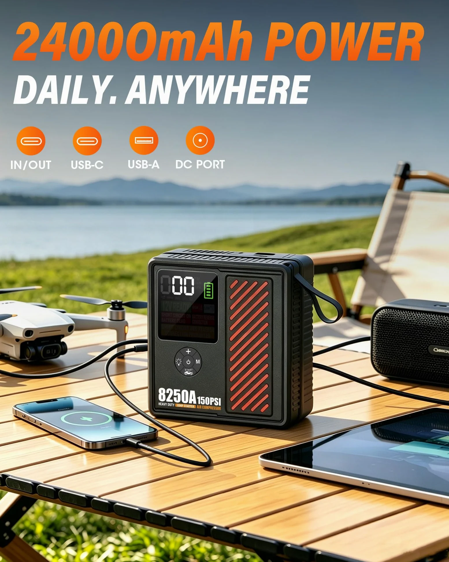 Arrancador portátil de coche de 8250 amperios con compresor de aire, inflador de neumáticos seguro de 150 PSI, inflado rápido de 40 l/min con apagado automático de 12 V, 760 CCA, arrancador de batería