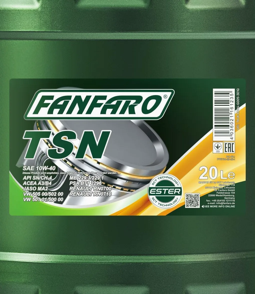 FANFARO Aceite de motor 10W-40 Profi Line Aceite sintetico ACEA A3/B3 ACEA A3/B4 API SN API CH-4 TSN 20L Compatible con VW Polo V Hatchback 6R1, 6C1 up! Hatchback 121, 122, BL1, BL2, BL3, 123, SKODA