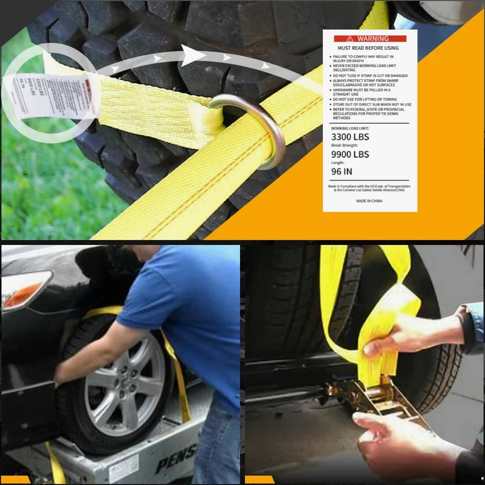 Amarre para coche con ganchos a presión, paquete de 4 unidades de 2 x 96 pulgadas con carga de trabajo segura de 3.3 libras, correas ajustables con ganchos a presión (amarillo)
