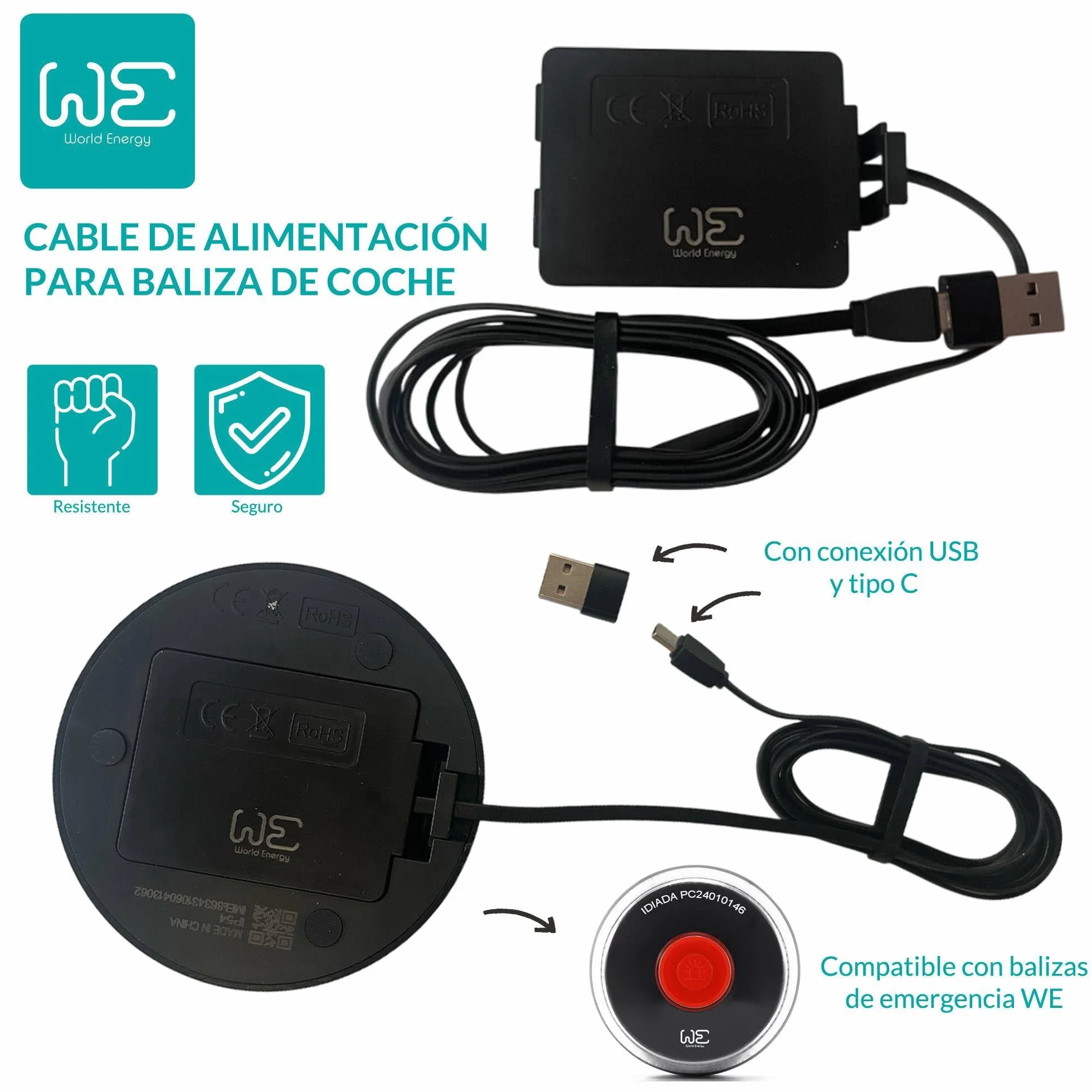 Kit de Seguridad con Funda doble + Chaleco reflectante + Cable de alimentación de baliza + Baliza WE Luz de emergencia V16