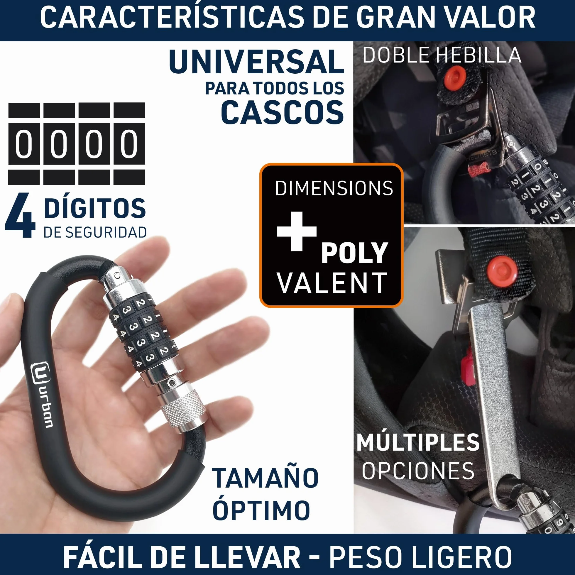 URBAN UR140 Candado Casco Moto, Mosqueton con Código 4 Digitos Más Seguro, Adaptador T Hebilla, Cable Seguridad Acero Trenzado Más Visible, Accesorio Antirrobo Universal para Casco Moto Bicicleta