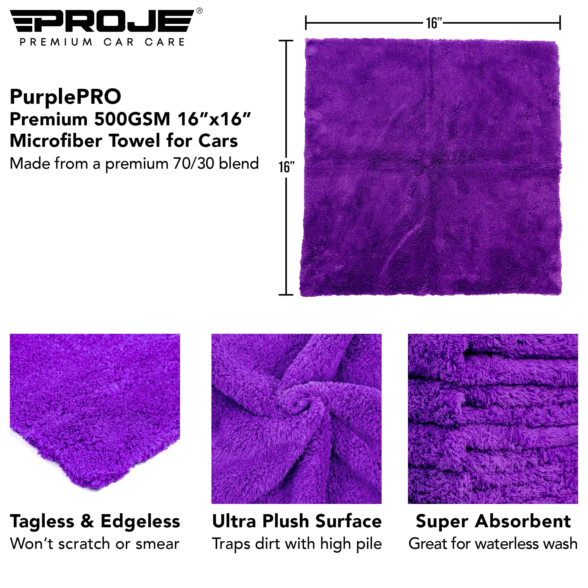 PROJE' PurplePRO - Toalla de secado de microfibra púrpura para automóviles, paño de limpieza ultra absorbente, toalla de detalles exteriores e interiores de automóviles, 500 g/m², 16 x 16 pulgadas