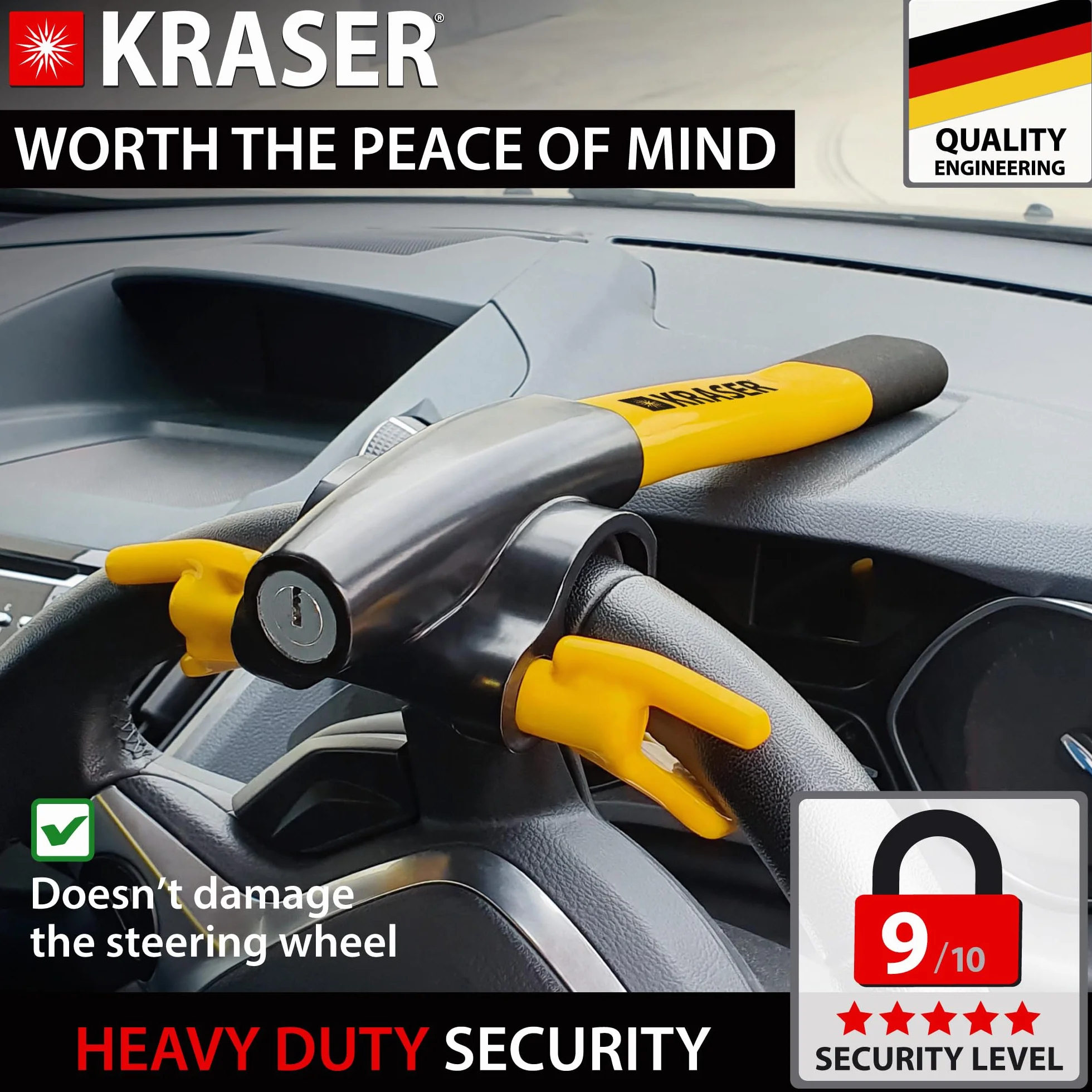 KRASER KR855Y Antirrobo Coche Volante Salpicadero Más Visible, Seguridad Extra Alrededor del Radio, Cierre Más Rápido Sin Llave, Bloqueo Barra Antirobo Universal para Camper, SUV, Autocaravana, Auto