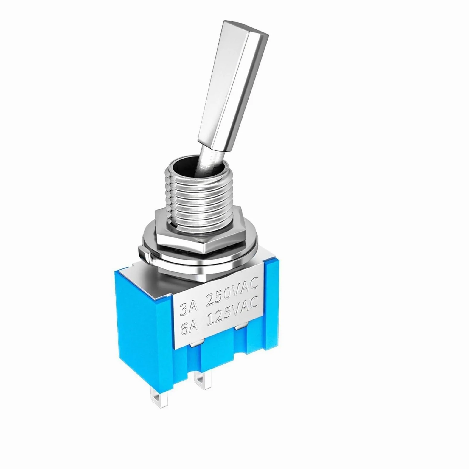 Mini interruptor de palanca de 3 posiciones, 2 posiciones, encendido/apagado, DPDT/SPST/DPST, 6 A, 125 V CA, 3 A, 250 V CA, con enclavamiento, manija plana for coche y camión, 10 unidades(ON OFF 2Pin)