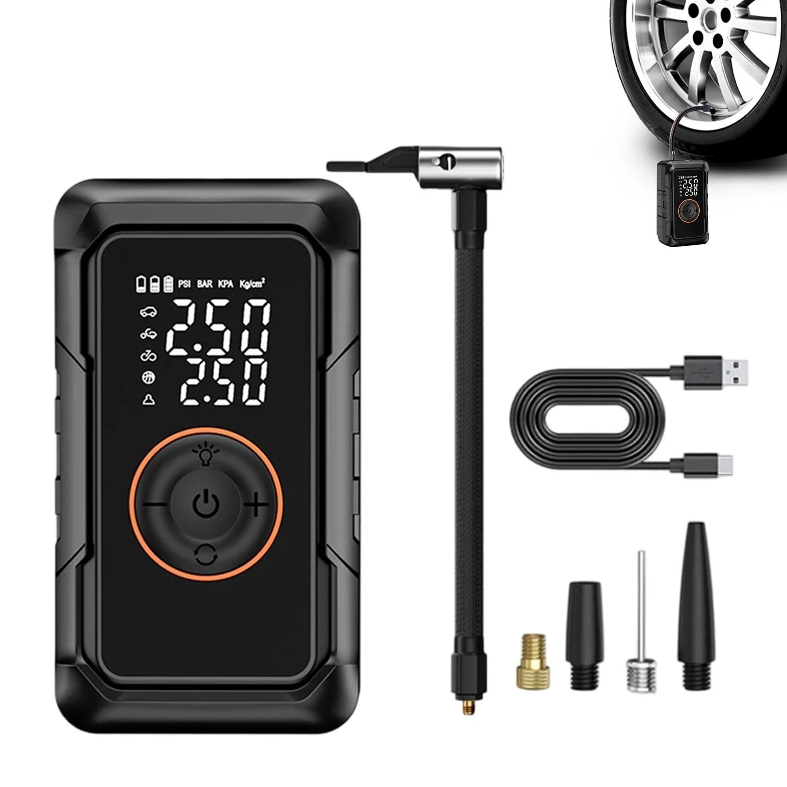 Bomba de aire portátil Compresor De Aire Inalámbrico Con Manómetro Digital | Inflador de neumáticos para bicicleta y coche para SUV camión remolque ATV patinete anillos hinchables y piscinas
