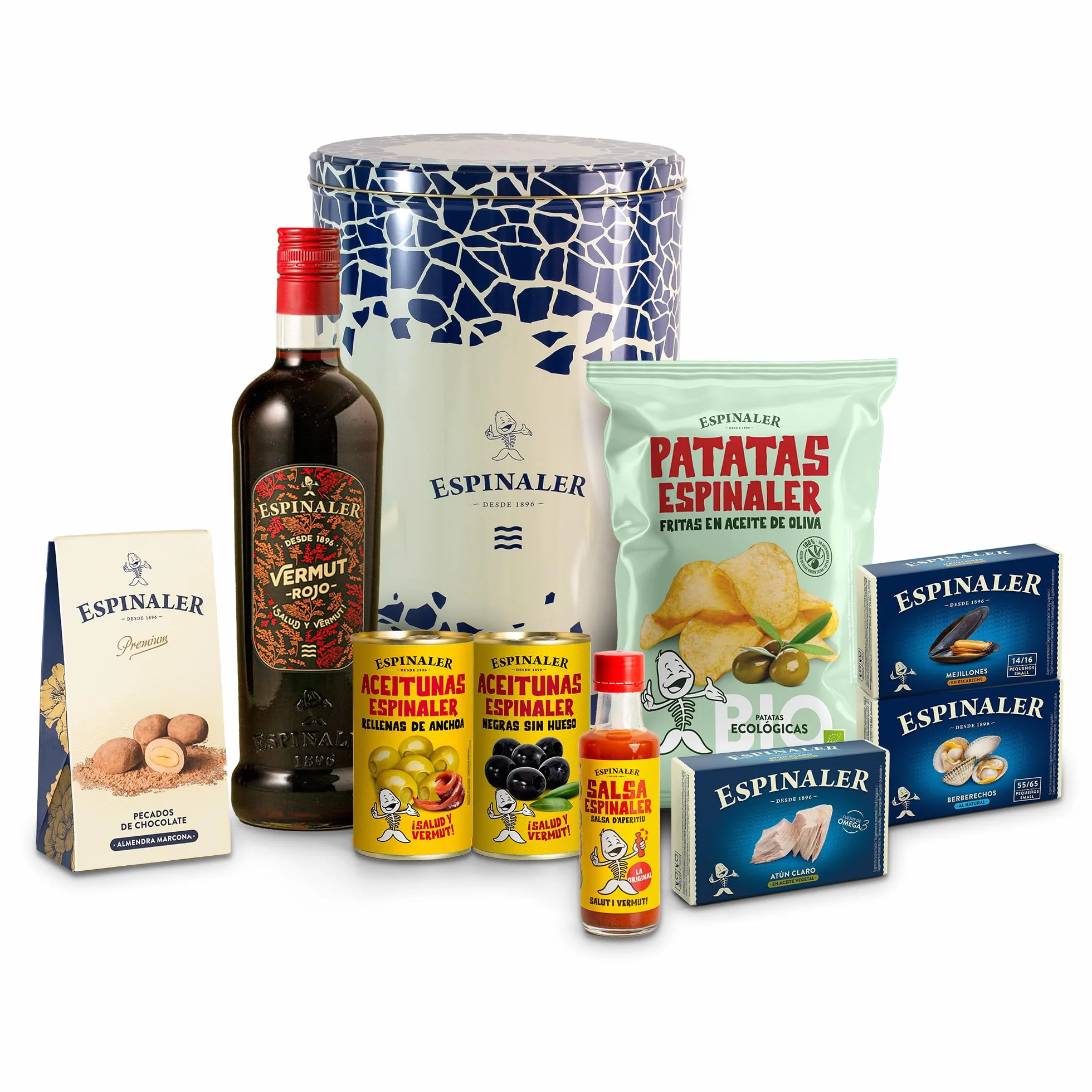 Espinaler Cesta Gourmet Aperitivo Pack Regalo con Vermut Rojo Aceitunas Patatas Ecológicas Salsa Berberechos Atún Claro Mejillones