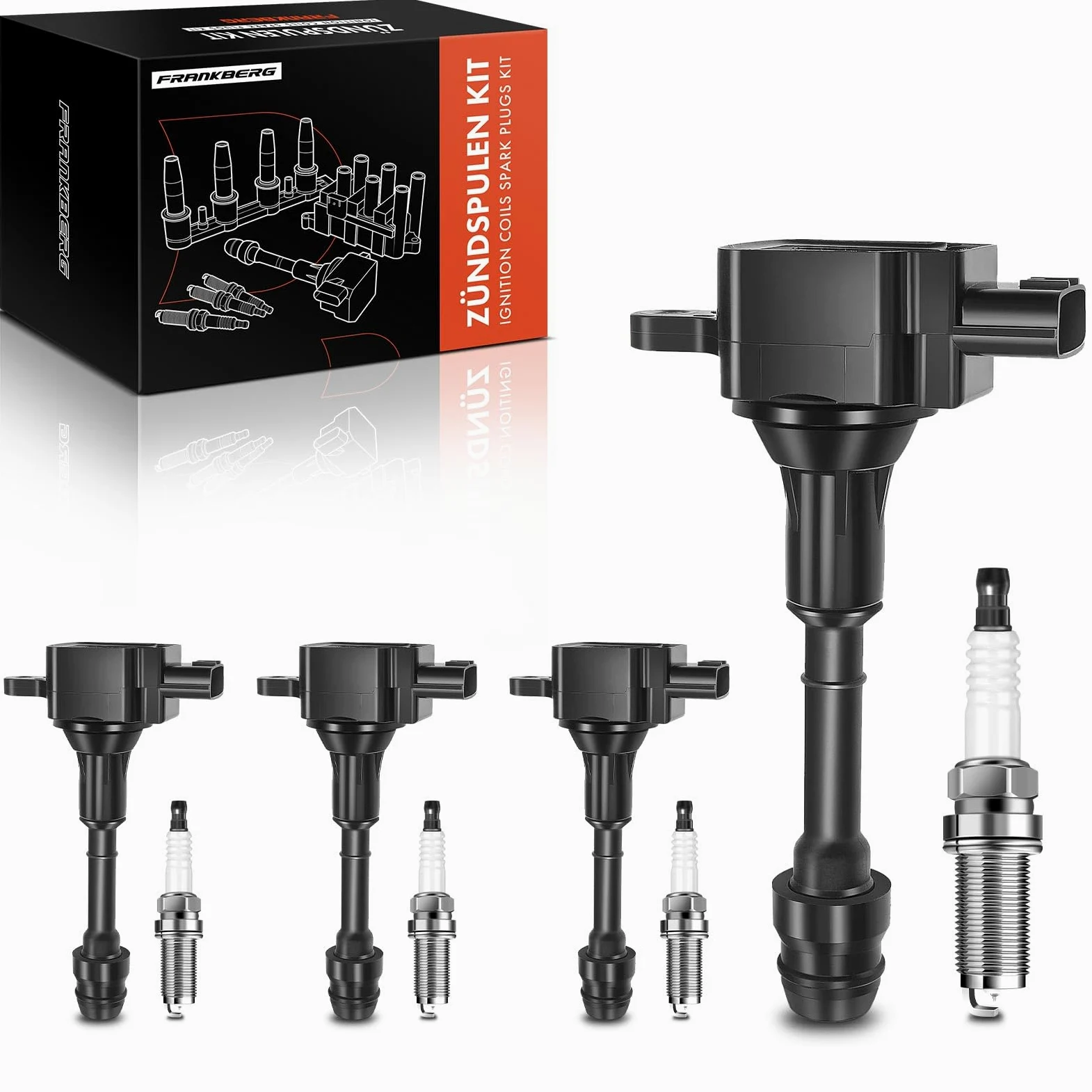 Frankberg Juego de 4 bobinas de encendido y bujías para gasolina 3 Polos | 224488H300; Compatible con: X-Trail T30, Primera Hatchback P12, Primera P12, Primera Kombi WP12