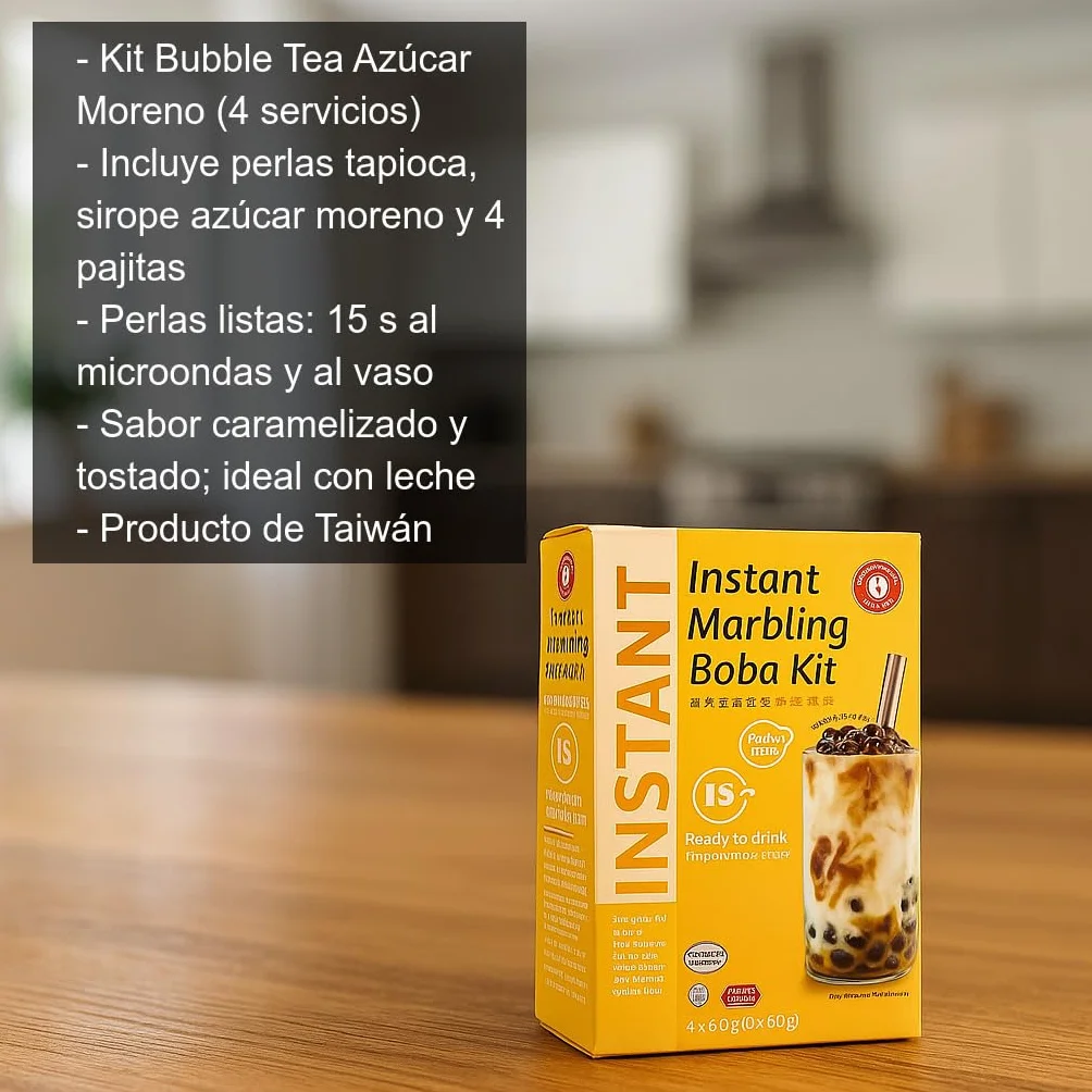 Kit Bubble Tea Azúcar Moreno 4 servicios té de burbujas taiwanés con perlas de tapioca y sirope caramelizado