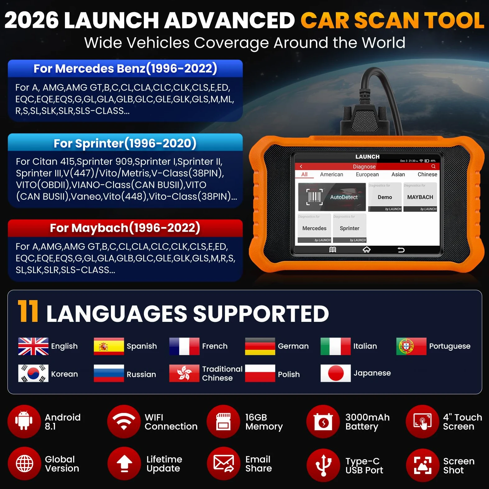 LAUNCH X431 Elite V2.0 OBD2 Diagnóstico de Todo Sistema para Benz para Maybach para Sprinter, Función de Todo Reinicio, Bidireccional, Codificación ECU Reset de Aceite Registro de Batería Escáner