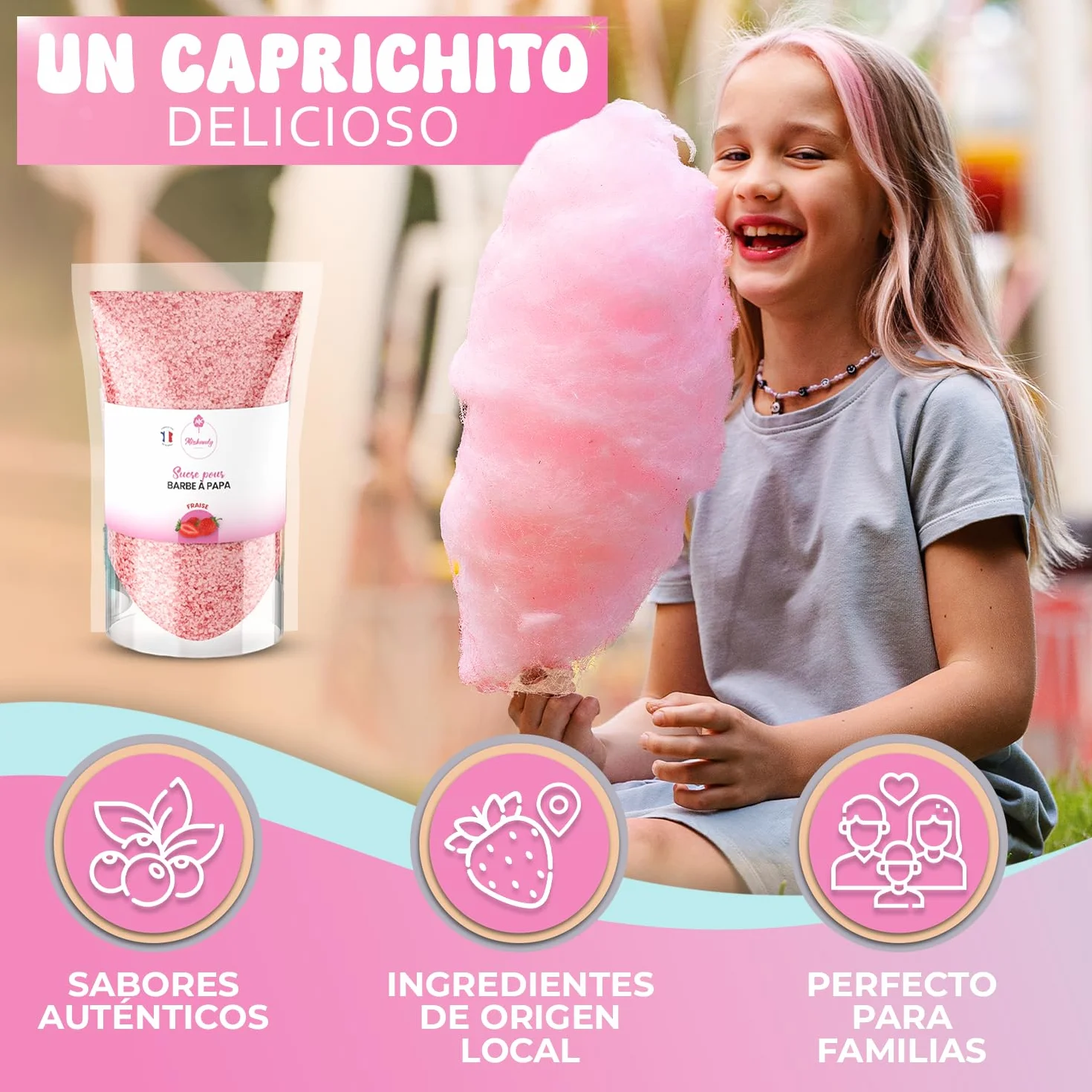 Misskandy Algodón de Azúcar para Máquina Pack 3x160g Sabores Naturales Fresa Arándano Limón