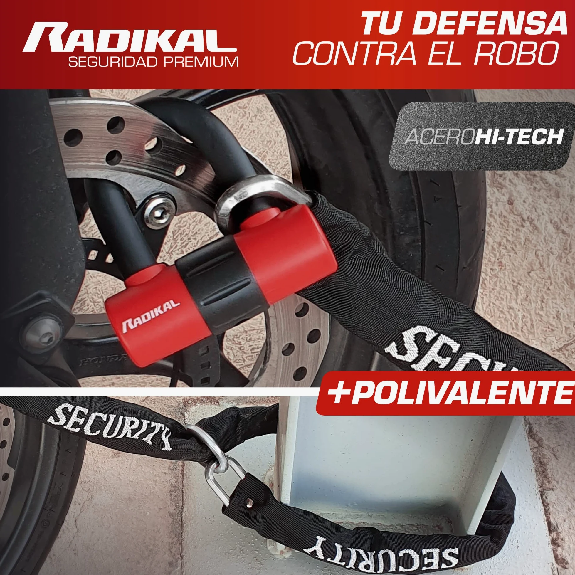 RADIKAL RK72120L Candado Antirrobo Mini U con Cadena Lazo 120 cm, Más Polivalente para Candado Moto Disco +Cable, Cerradura Alta Seguridad y Doble Cierre Antirobo Universal para Moto Scooter Bicicleta