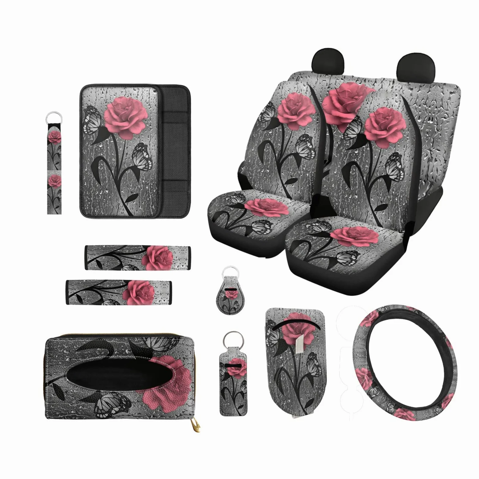 Xoenoiee Juego completo de fundas universales para asiento de auto, incluye soporte para gafas de sol, soporte para gafas de sol, funda para volante, almohadillas para cinturón de seguridad, llaveros