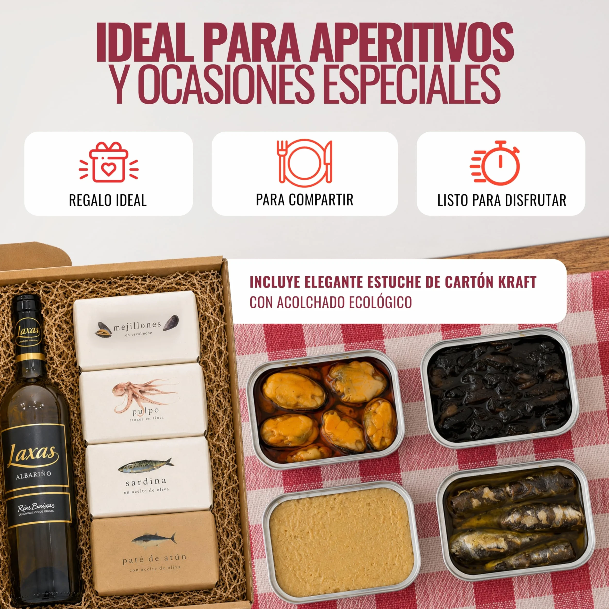 Caja Regalo Gourmet con Albariño Laxas y Conservas Gallegas – Mejillones, Sardinas, Pulpo en Tinta, Paté de Atún – Pack Aperitivo Navidad