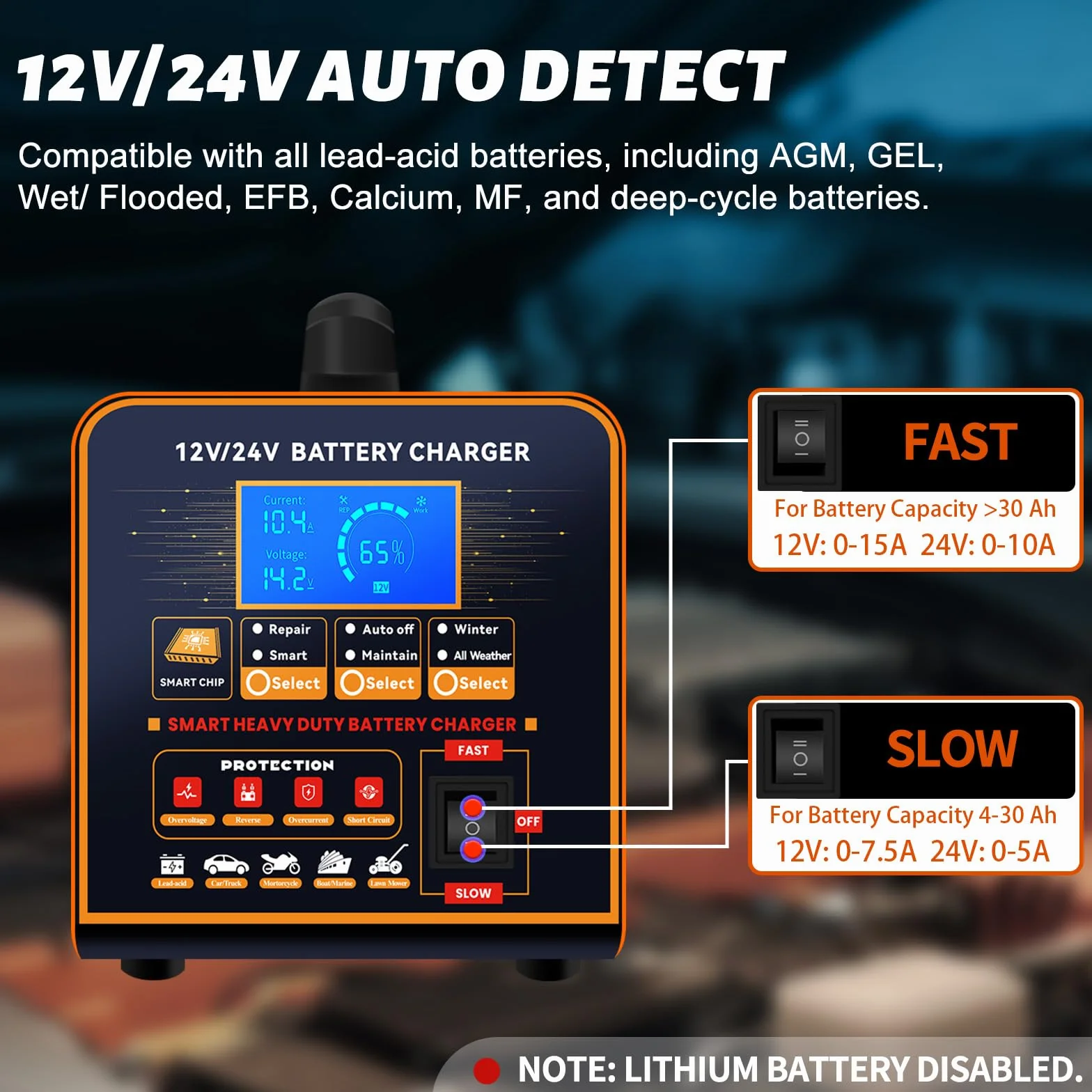 20A Cargador de Baterías Metal 12V/24V Profesional Mantenedor Automático, Cargador Inteligente con Apagado Automático, Reparación, Modo Invierno para Coche Camión Moto (Plomo, AGM, Gel, etc)