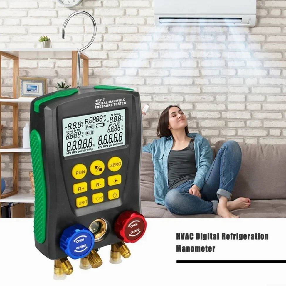 Manómetro digital HVAC con sondas de temperatura dobles para pruebas compatibles con R134a, R22, R12, R502, R407C, R410A, R404A, R32 (A)