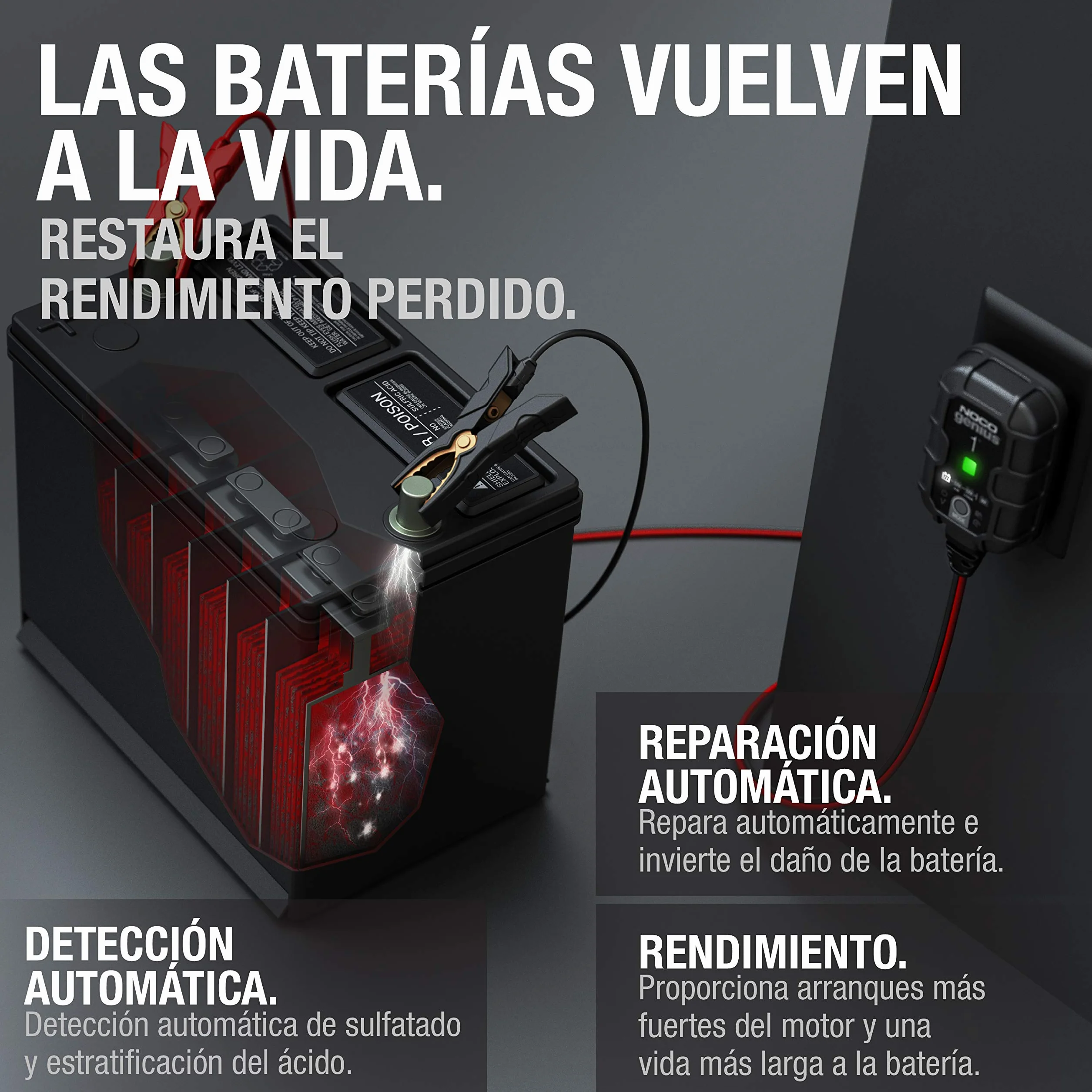 NOCO GENIUS1: Cargador Inteligente de baterías 1A 6V/12V – Mantenedor automático y desulfatador – Protección contra sobrecarga y compensación térmica – para baterías de Plomo y Litio
