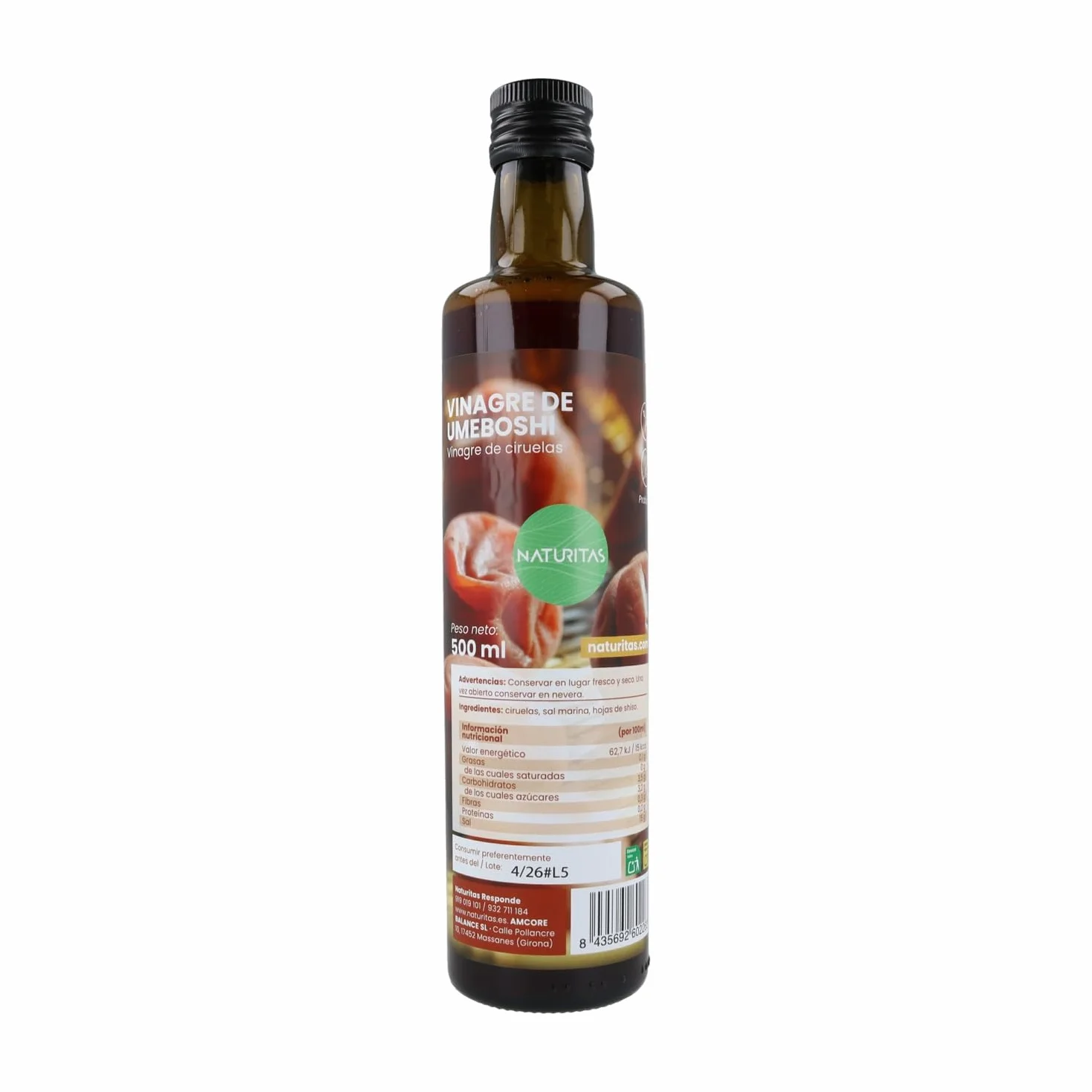Vinagre de Umeboshi sin pasteurizar 500ml Naturitas Essentials fermentación 3-6 meses