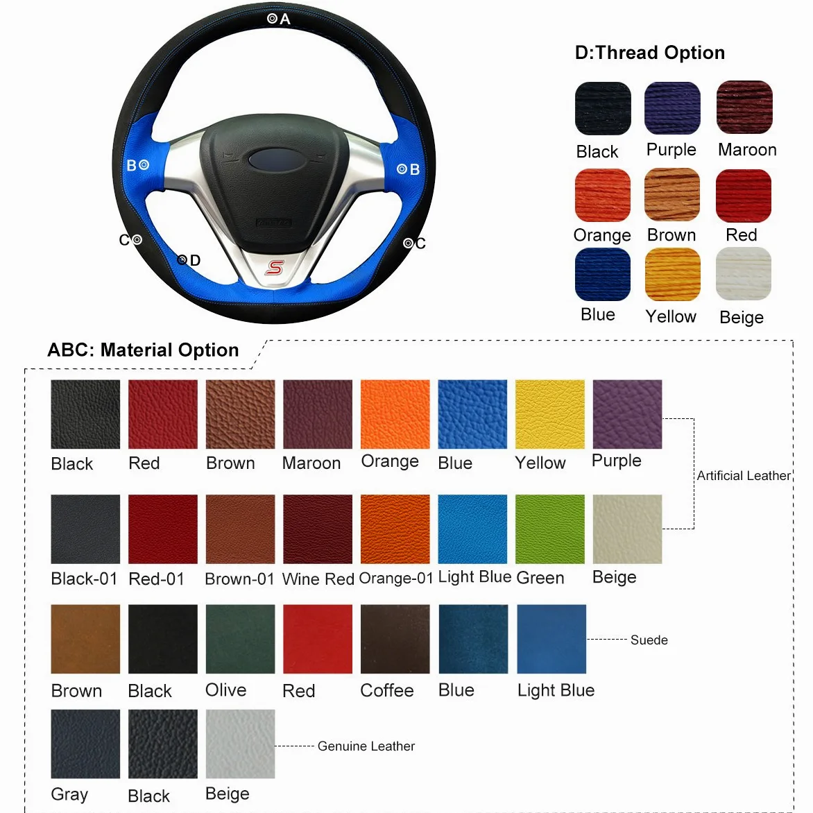 Funda de volante de cuero para volante con diseño 3D personalizable, color negro, azul y ante para Fiesta 2008-2013 Ecosport 2013-2016 (volante de cuero, comprar este)