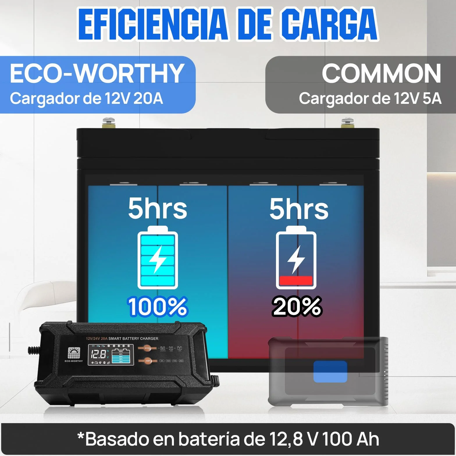 ECO-WORTHY 12 V/24 V 20 A Cargador de batería LiFePO4 con opciones multicanal 5 A/10 A/15 A/20 A, detección automática de voltaje de la batería Ploácido LiFePO4