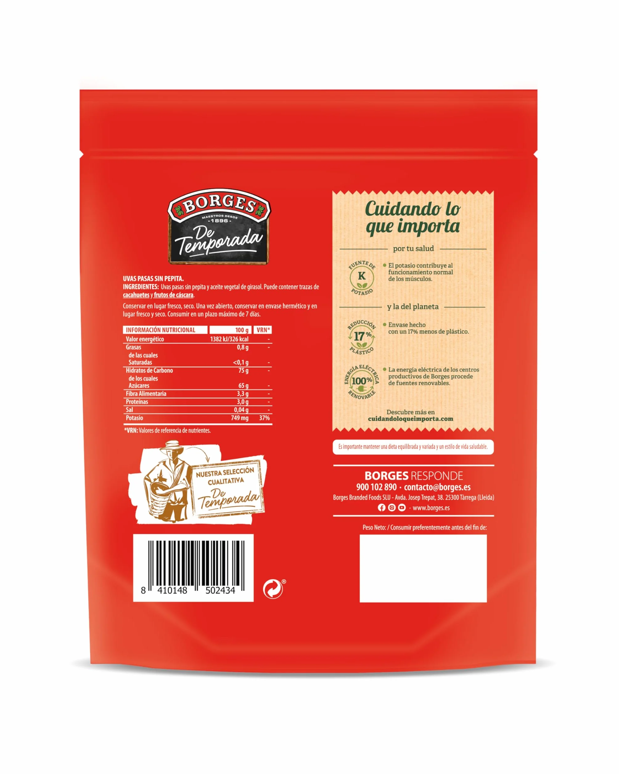 Borges Pasas Sin Pepitas 250g Alto en Vitaminas A y B3 Potasio Magnesio Calcio Vegano