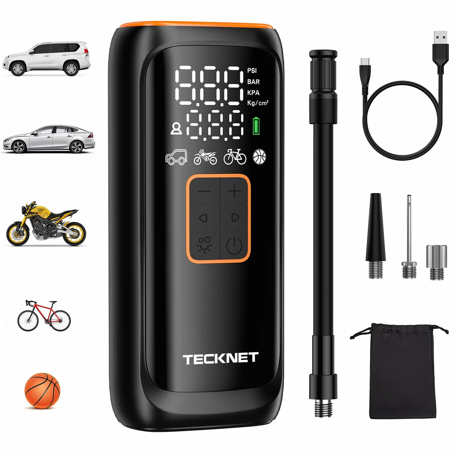 TECKNET Mini Compresor Aire Portátil, 150 PSI Inflador Ruedas Coche, Compresor Recargable 6000 mAh, Puede Utilizar y Linterna, 5 Modos, Adecuado para Coches, Bicicletas, etc.