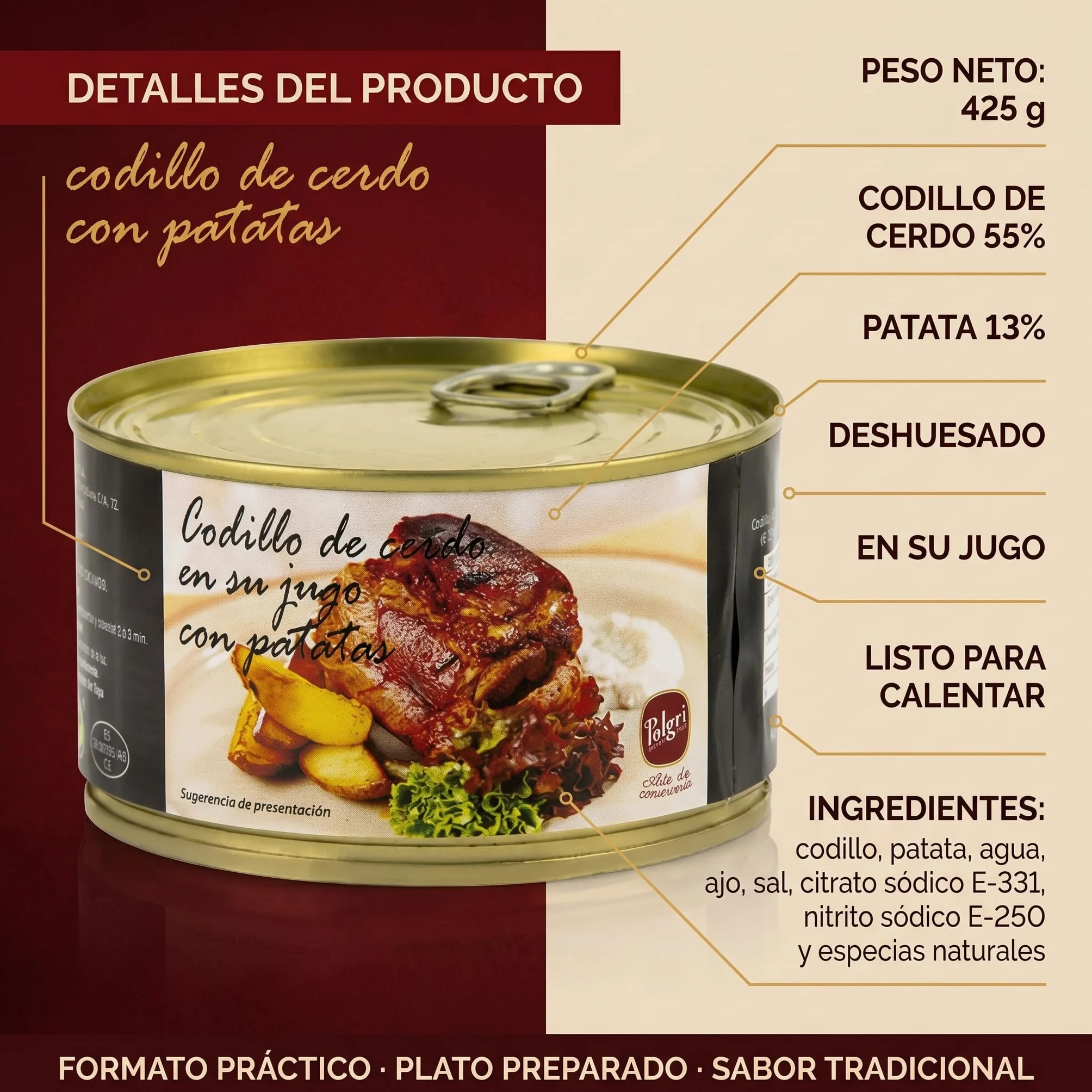 POLGRI Codillo de Cerdo en su Jugo Deshuesado con Patatas Lata 425 g Conserva Carne Cocinada Receta Manchega