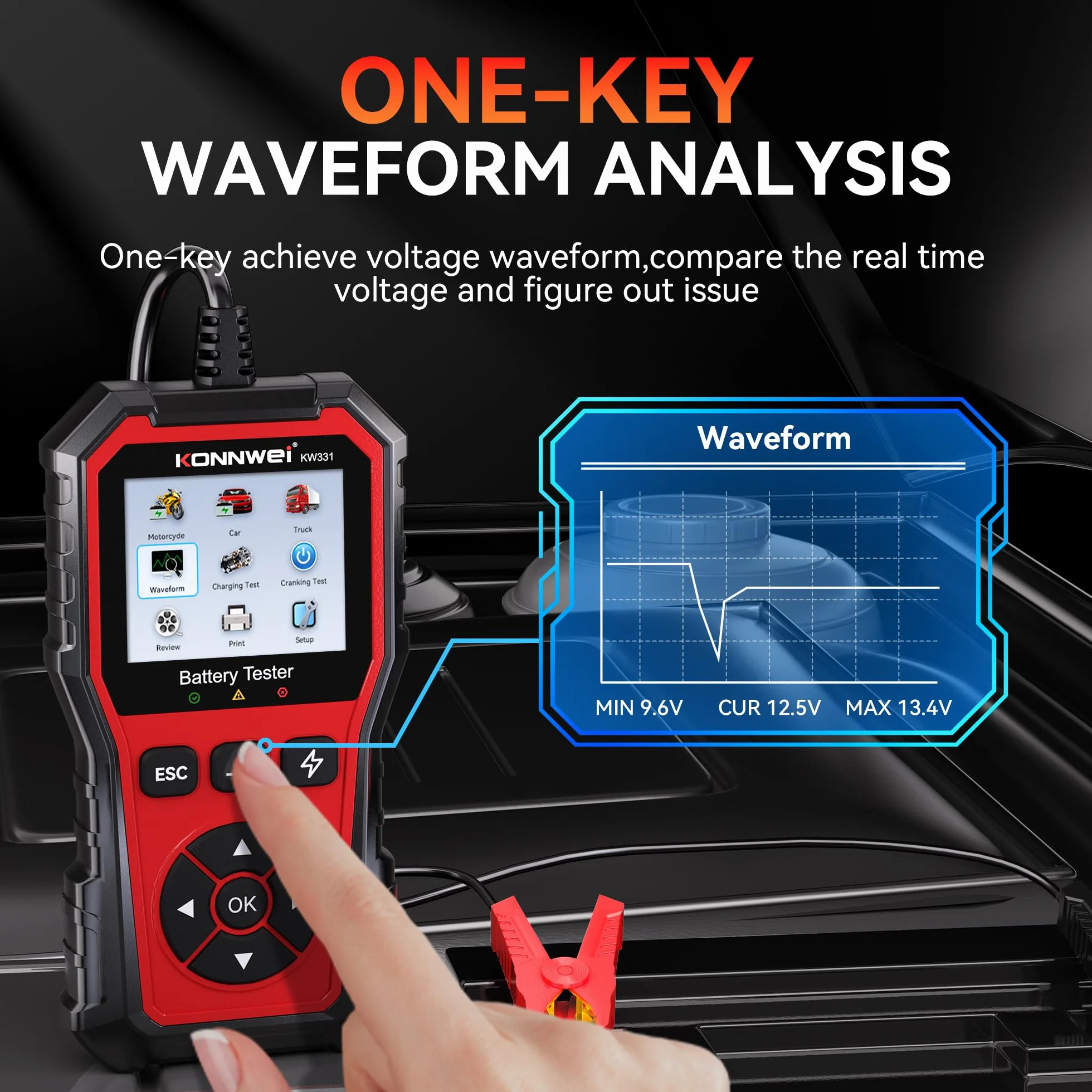 KONNWEI KW331 Comprobador de Baterías 6V 12V 24V 10-2000 CCA AGM Litio Gel Analizador Digital