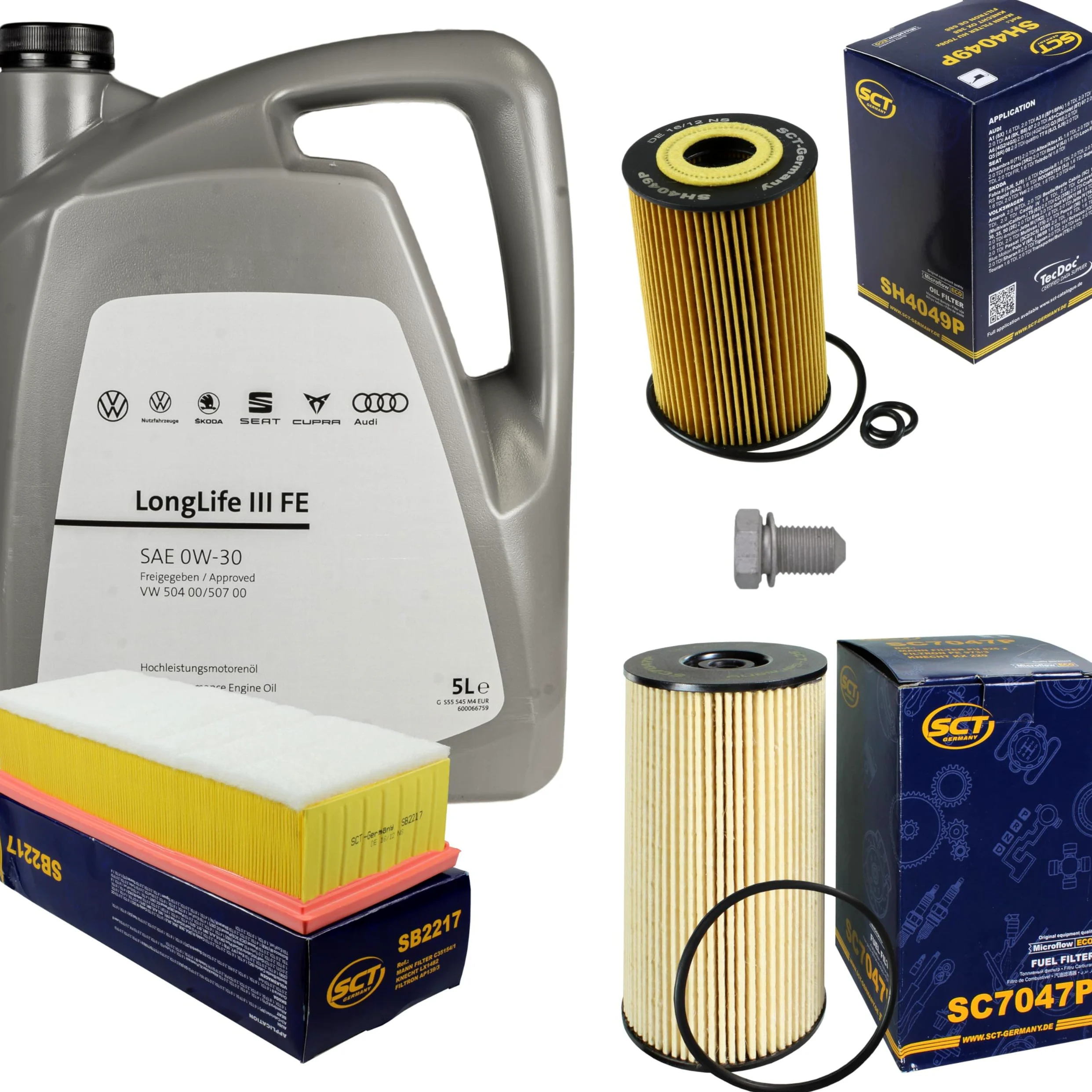 Paquete de inspección Kit de mantenimiento con 5 L 0W-30 aceite de motor LongLife 3 FE, filtro de aceite, filtro de aire, filtro de combustible, tapón de drenaje de aceite