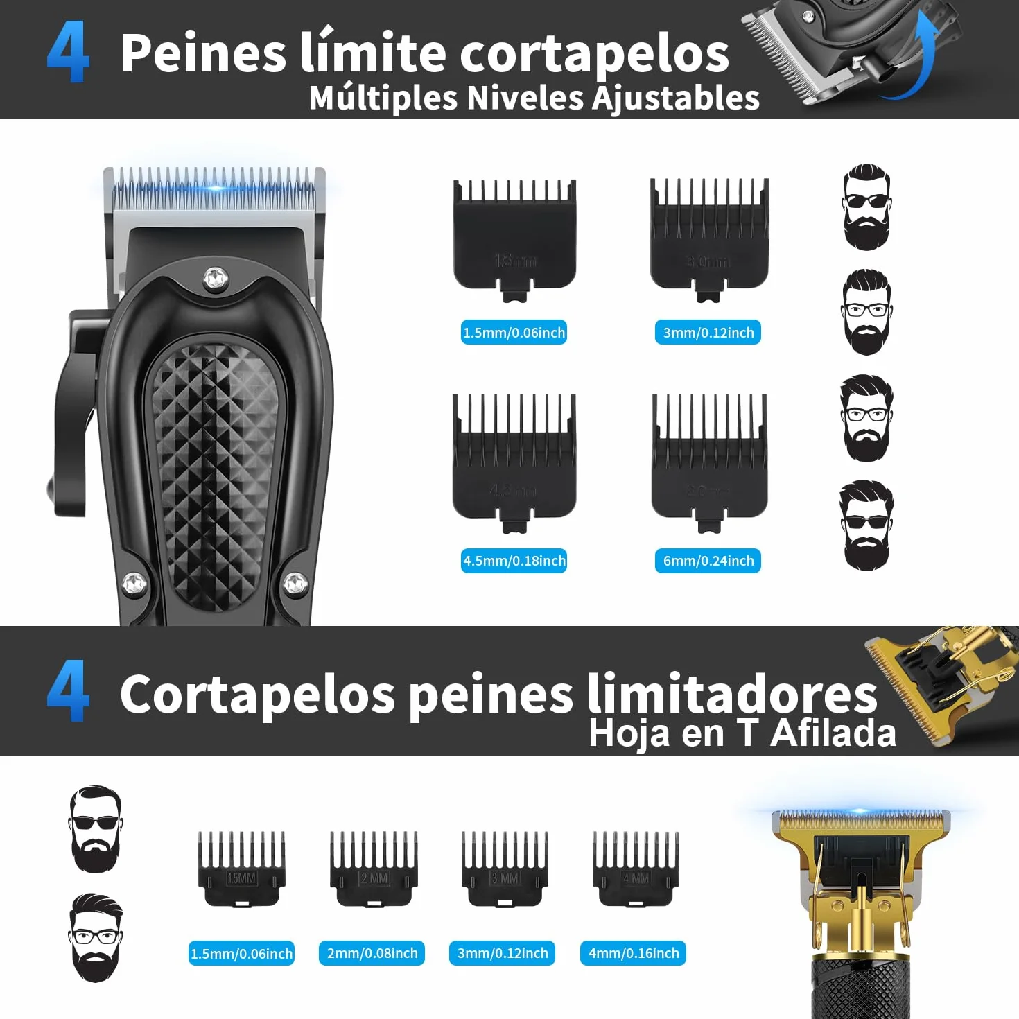 HIENA PRO Maquina de Cortar Pelo Inalámbrico Cortapelos Recortador de Barba Kit Completo 3 Piezas