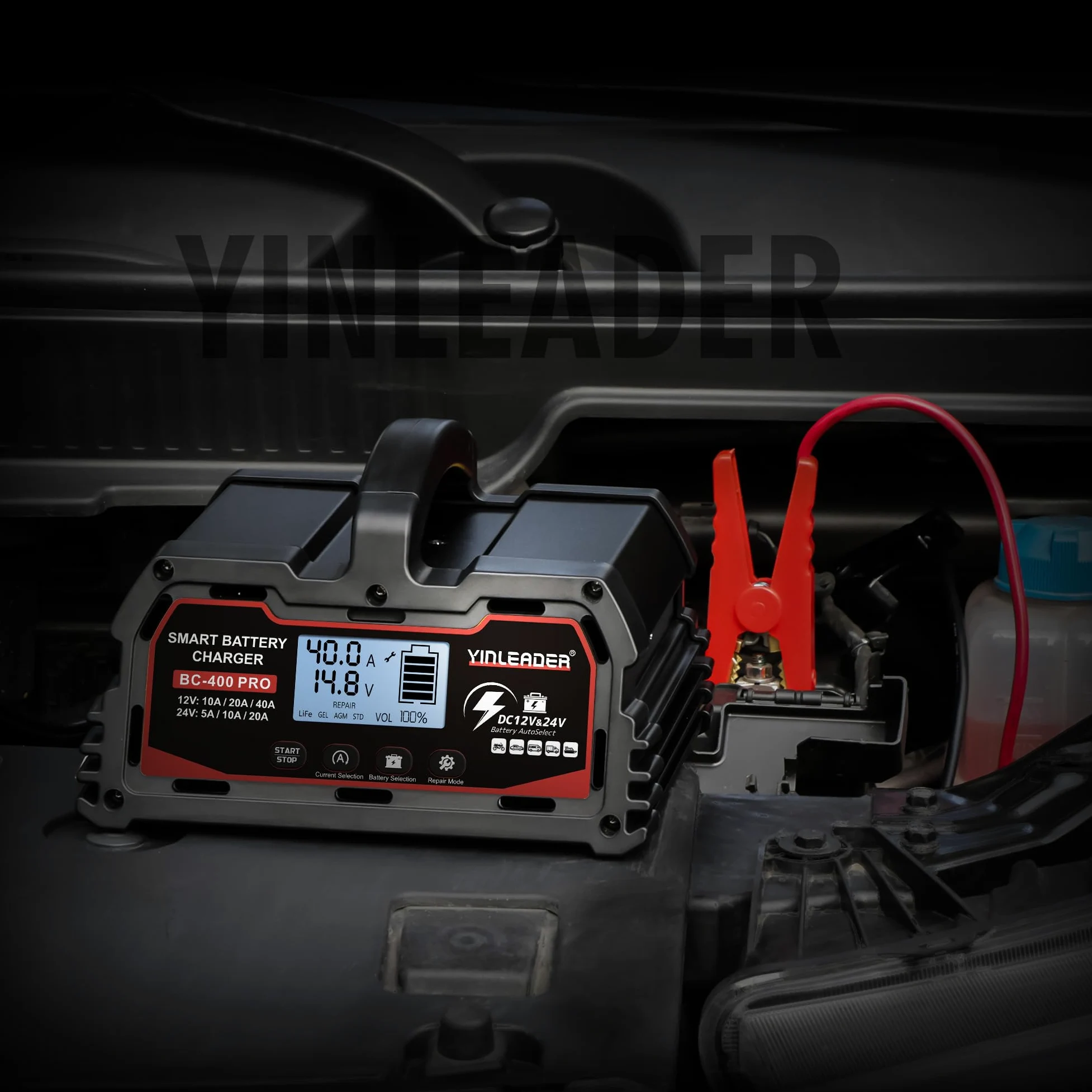 Cargador de batería para automóvil 40A 12V/24V 20A /10A Cargador de batería para automóvil Cargador Inteligente automático con Pantalla LCD, para batería de automóvil y Motocicleta y 12V LiFePO4